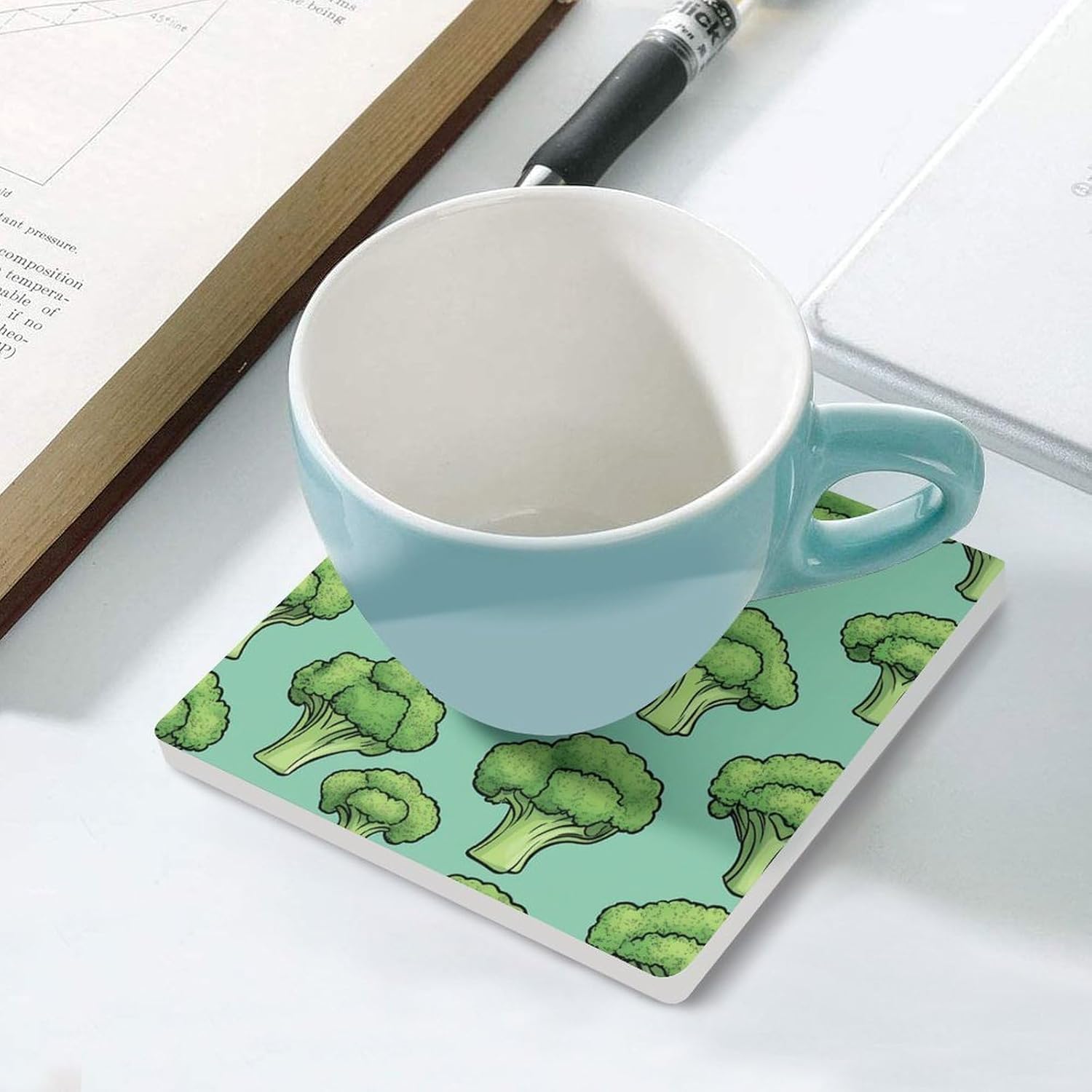 Broccoli Pattern Funny Ceramic Coasters for Drinks Absorbent Cup Holder Tabletop Protector with Cork Base