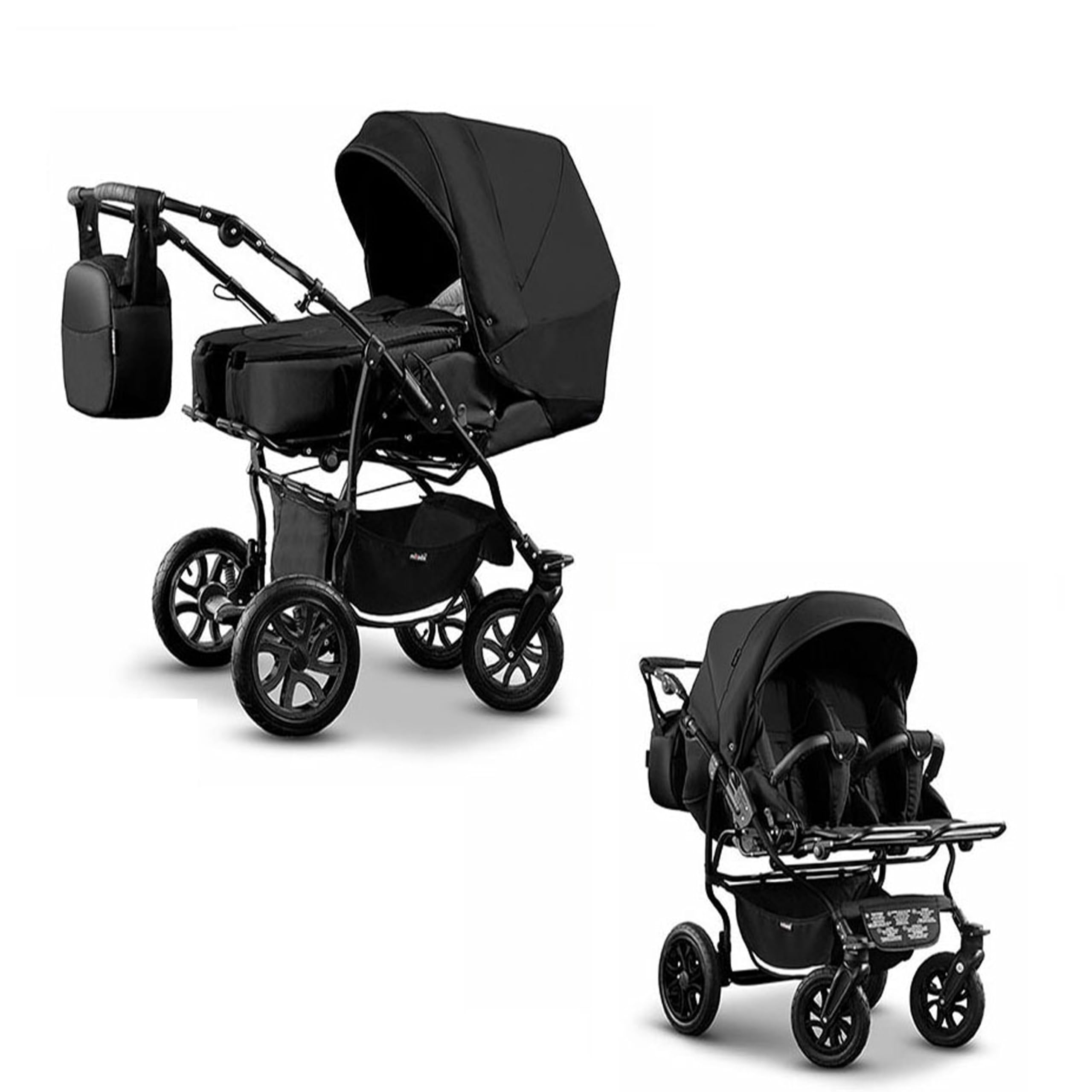 Zwillingskinderwagen 2 in 1 City Twin inkl. Sportsitze - 15 Teile - Schwarz-Schwarz