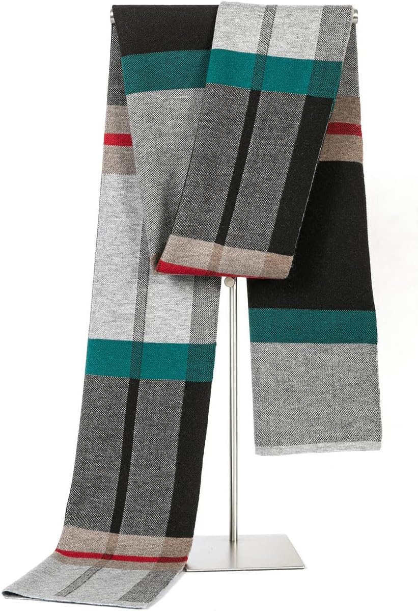 Villand Australian Merino Wool Tartan Knitted Scarf for Men, Plaid Winter Warm Thick Soft Neckwear with Gift Box