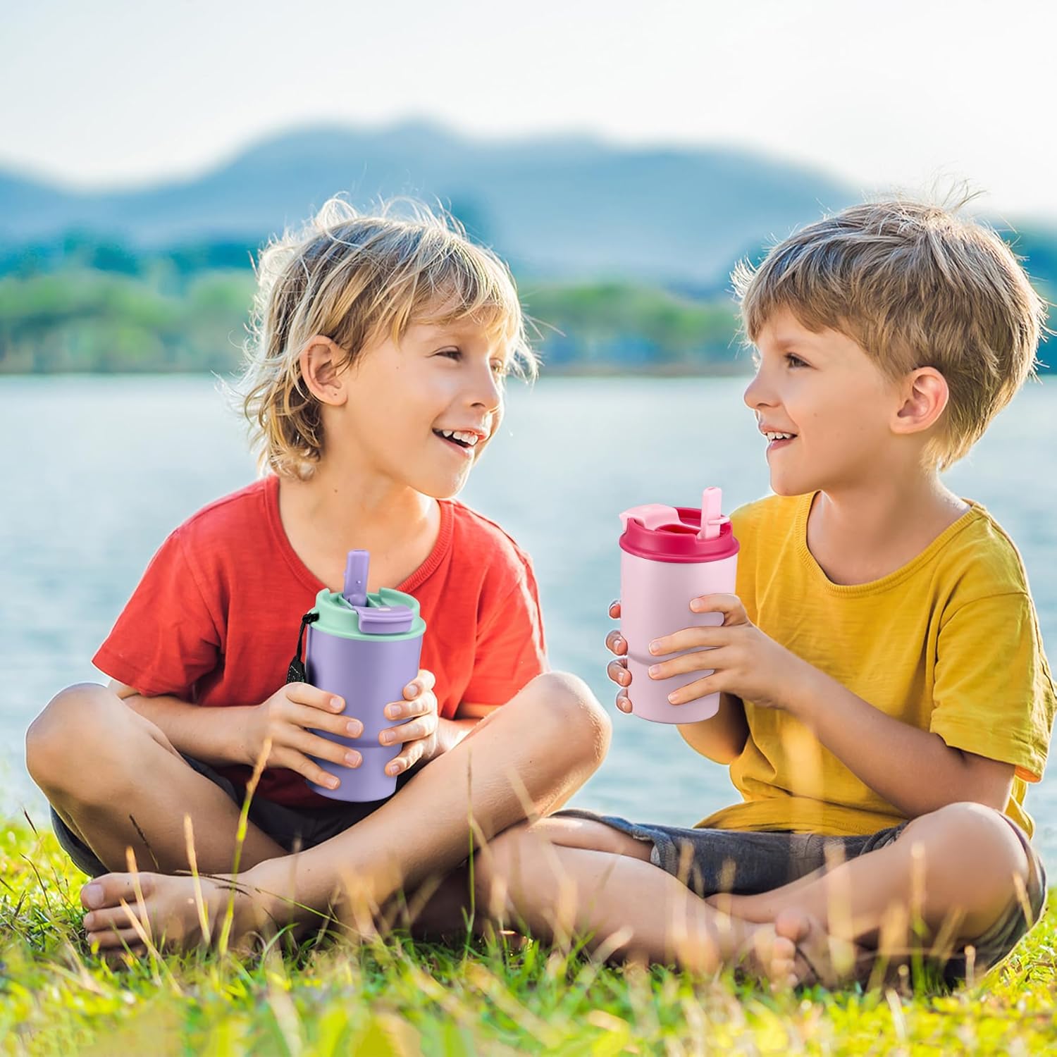 13.5oz Kids Insulated Tumbler with Lid and Straw, BPA-Free Stainless Steel Kids Water Bottle, Leak-Proof& Cupholder Friendly Tumbler for Boys & Girls -2 Pack(Pink+Purple) - Image 6