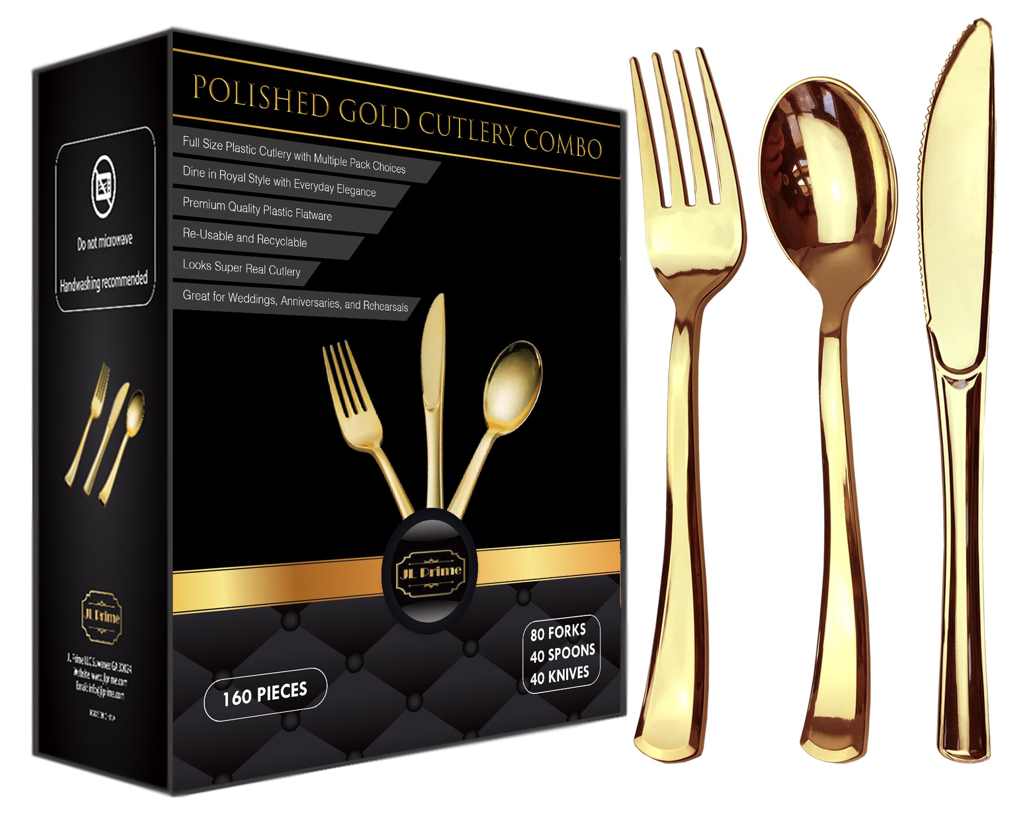 JL Prime160 Gold Reusable Cutlery Set, Heavy Duty Plastic Flatware for Party & Wedding, 80 Forks, 40 Spoons, 40 Knives