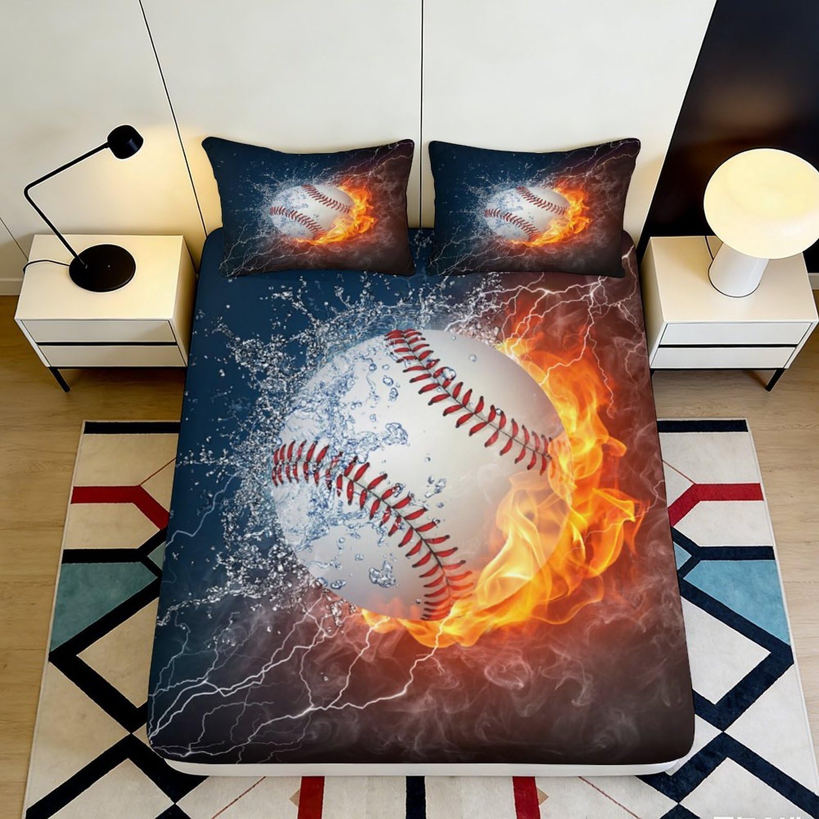 3D Printed Fiery Baseball Fitted Sheet Microfiber Soft Breathable Water Splash Bed Cover for Bedroom Guest Room Decor 90x200x25cm