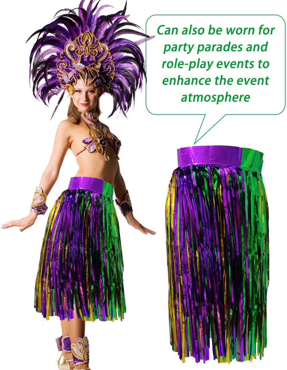 DredQcco Mardi Gras Fringe Table Skirt, 4-pack 2.5x9 ft Gold Green Purple Splicing Foil Fringe Tinsel Metallic Table Skirts for Mardi Gras Party Decorations