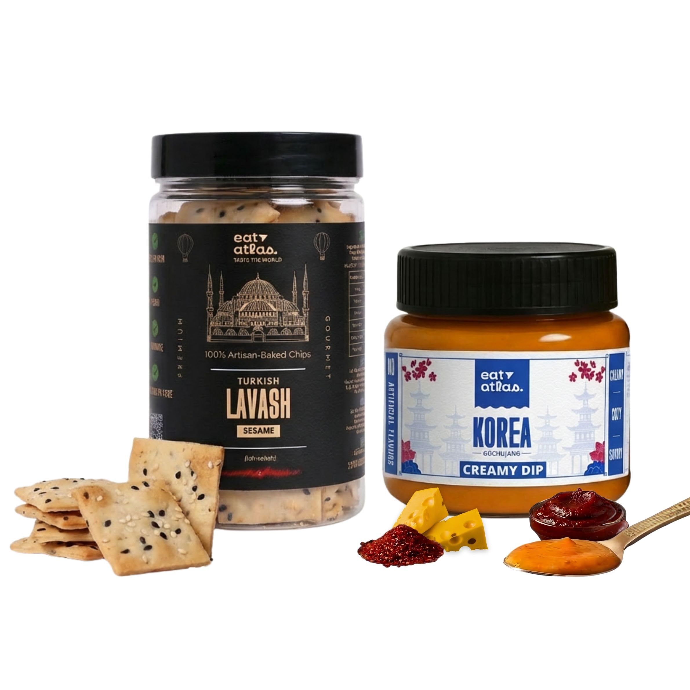Eat Atlas Cheesy Gochujang Dip & Lavash Chips | Gourmet Korean Snack Combo | Oven-Baked, Low-Cal, No Preservatives | Bold Flavor, Guilt-Free Indulgence | 100gm Dip + 85gm Chips-image-16