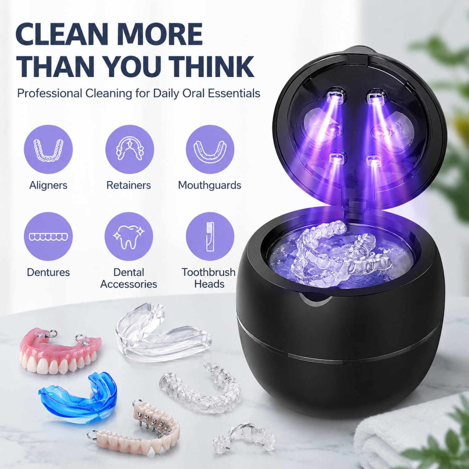 Detartreur dentaire ultrason,Stérilisateur Ultrasonique Uv 42000hz,Nettoyage En Profondeur Sans Produits Chimiques,Pour Gouttières Et Dentiers,Aligneurs,Protège - Dent