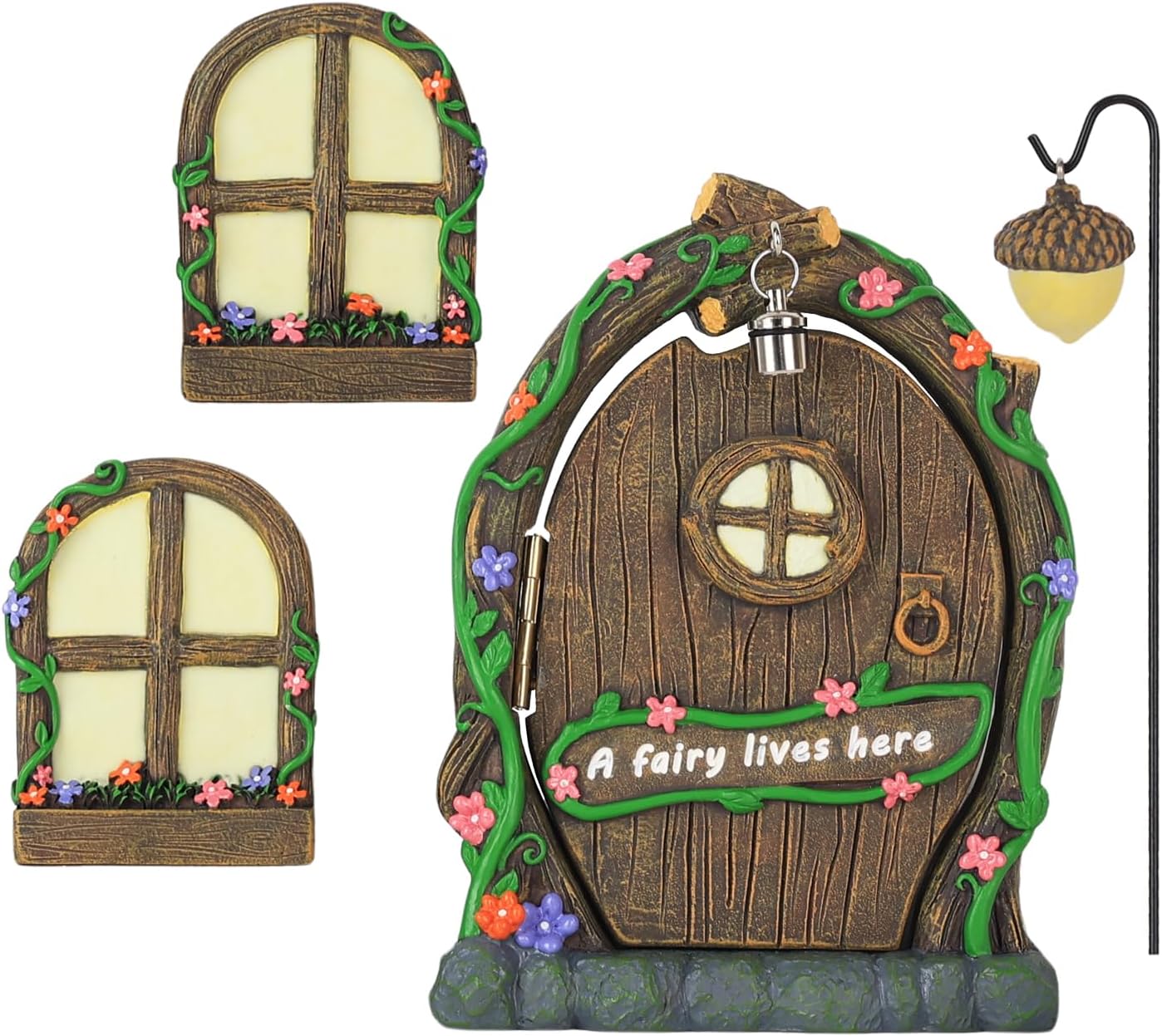 MEETYAMOR Miniature Fairy Garden Accessories, 4 PCS Glow-in-the-Dark Opening Fairy Door & Windows for Trees, Magical Yard Art Outdoor Statues, Fairy House Kit Garden Decor for Outside, Patio