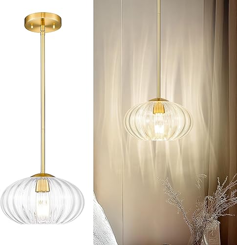 FEMILA Lámpara colgante para isla de cocina, iluminación colgante de oro cepillado de 10.3 pulgadas, lámpara colgante de cristal de cúpula vintage