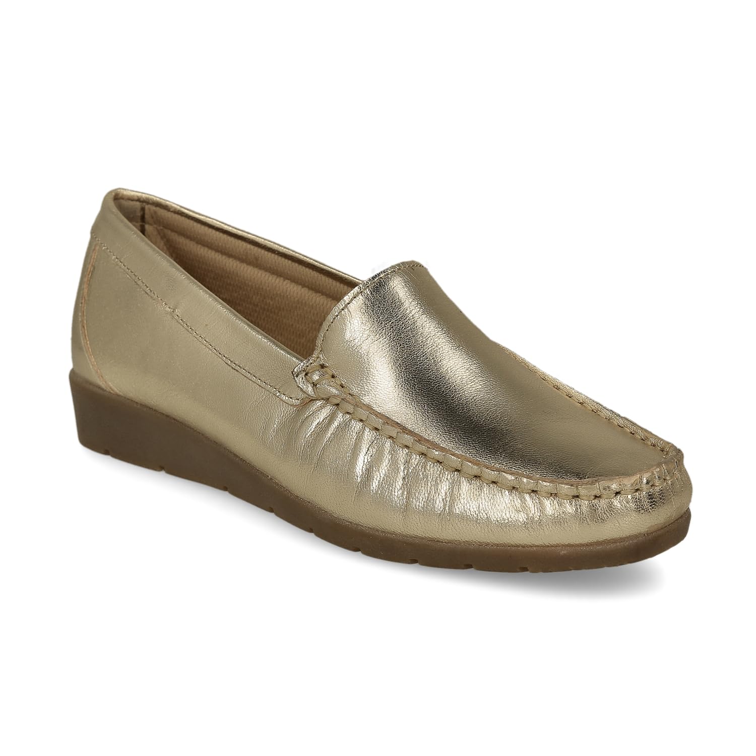 Mocassini in Pelle Comodi per Donna Anziana. Loafer Kiowa Casual Cuciti a Mano. Molto Flessibili. Suola in Gomma. Scarpa da Passeggio. Colore Nero e Oro.