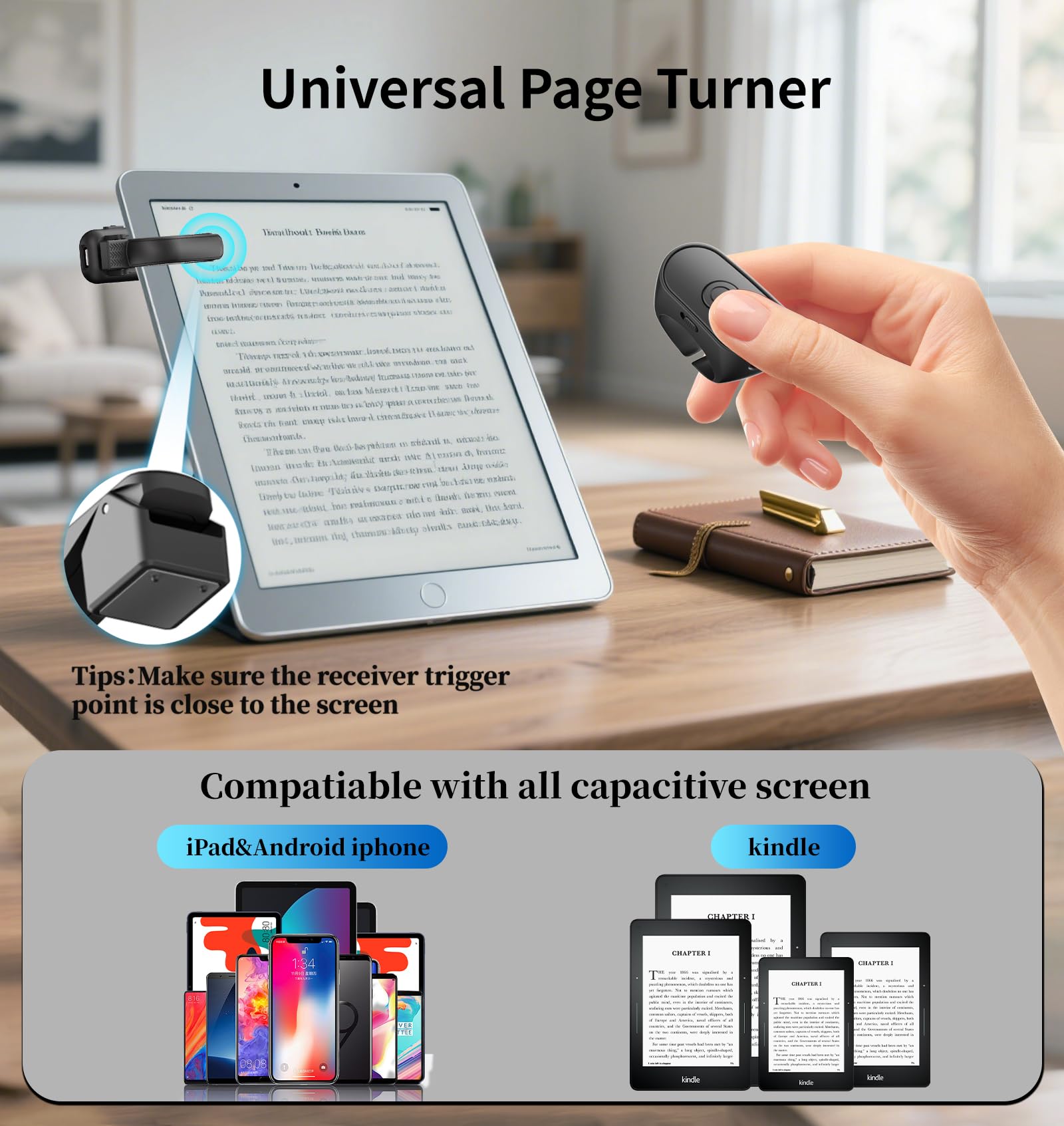 MAIRAN Seitenumkehrer mit Fernbedienung für Kindle Paperwhite Oasis Kobo eReader, Kameraauslöser Selfie und Videoaufzeichnung für iPhone und iPad, 2-in-1-Seitenwender, Ringklicker für iPad, Tablets