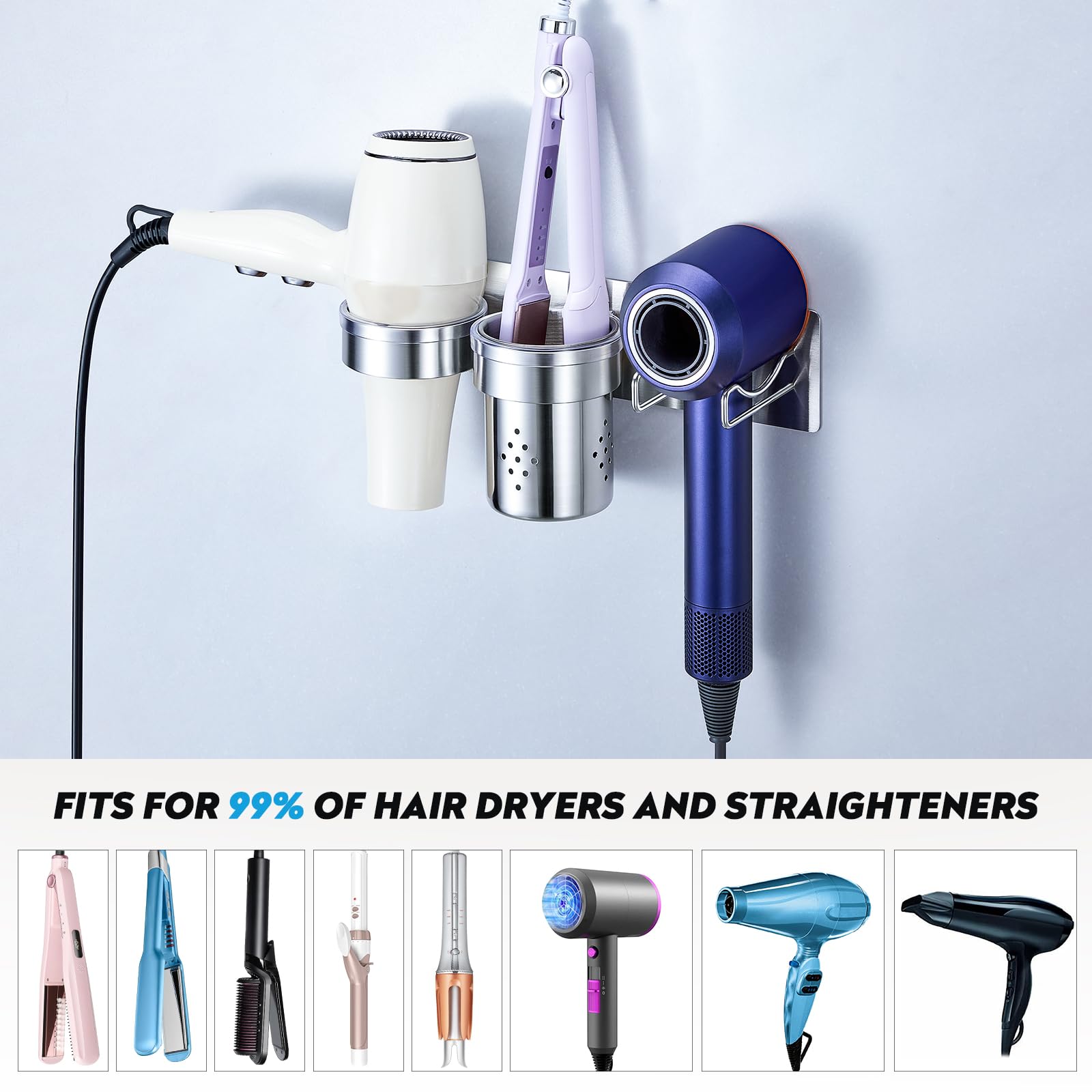 Organizer per strumenti per capelli, supporto da parete, supporto per ferro arricciacapelli, asciugacapelli e piastra (argento)