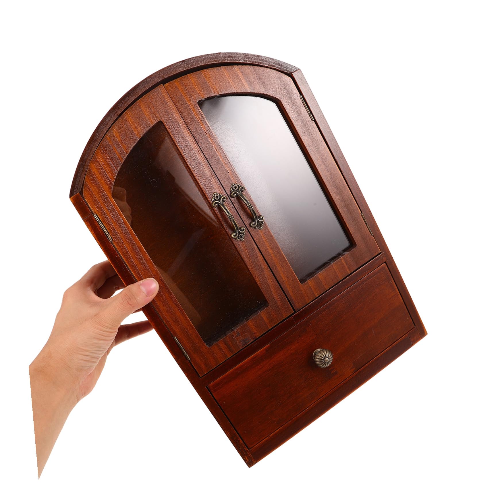 Elegancka drewniana szafka do przechowywania w stylu vintage ze szklanymi drzwiami, wielofunkcyjny pulpit z szufladą na kosmetyki, artykuły biurowe i rozwiązania do przechowywania w domu