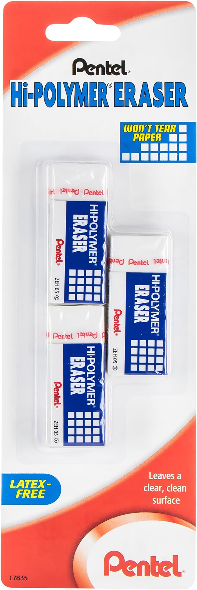 Pentel HiPolymer Block Eraser, Large, 3 Pack, White (ZEH10BP3K6) Office Products