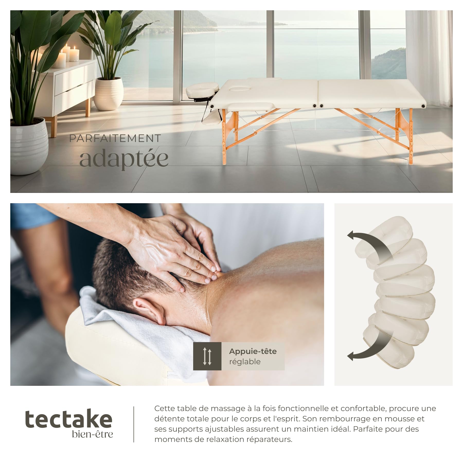 tectake Table de Massage 2 Zones Pliante Cosmetique Lit de Massage Table Esthetique Tatouage Portable avec Repose Bras, Housse de Transport Incluse - Beige