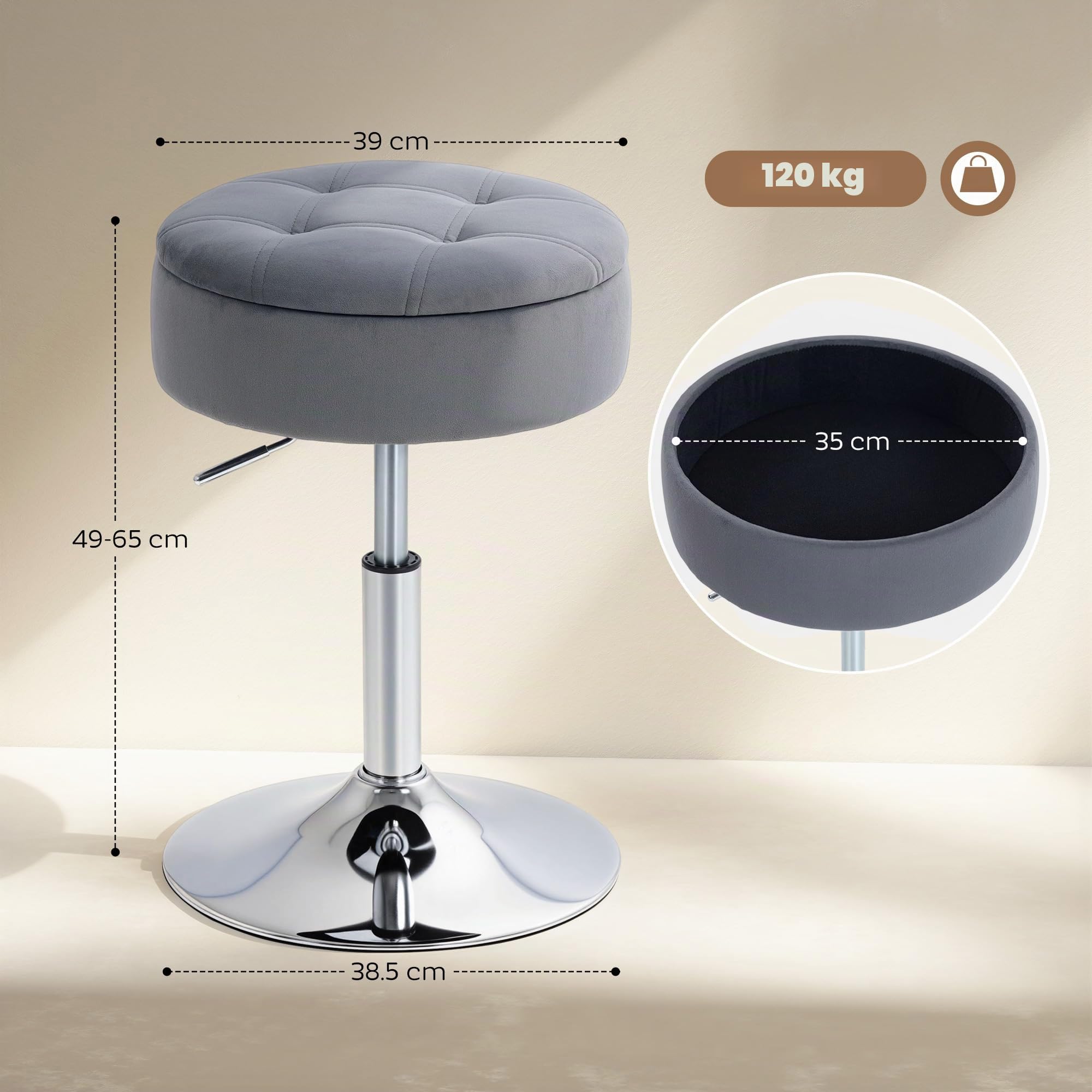 HOMCOM Sgabello da Bar con Altezza Regolabile e Vano Contenitore, Grigio