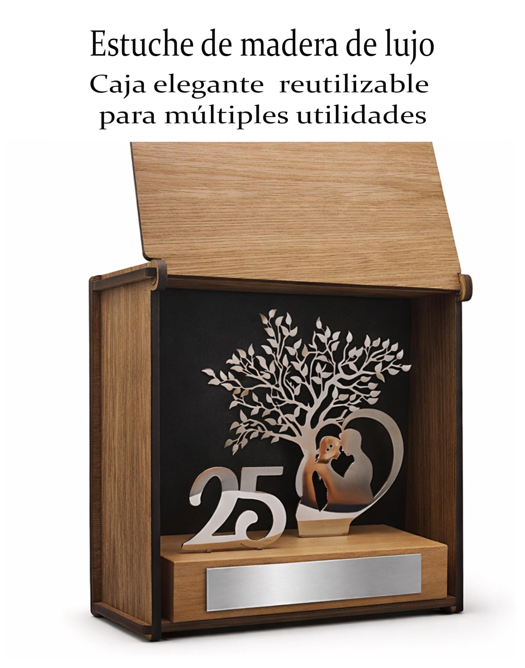 50 Aniversario Bodas Oro -Regalos 25, 50 Aniversario Boda- Figura Decorativa en Acero Inoxidable y Madera de Haya con Estuche de Madera de Lujo- Regalos para Bodas de Oro