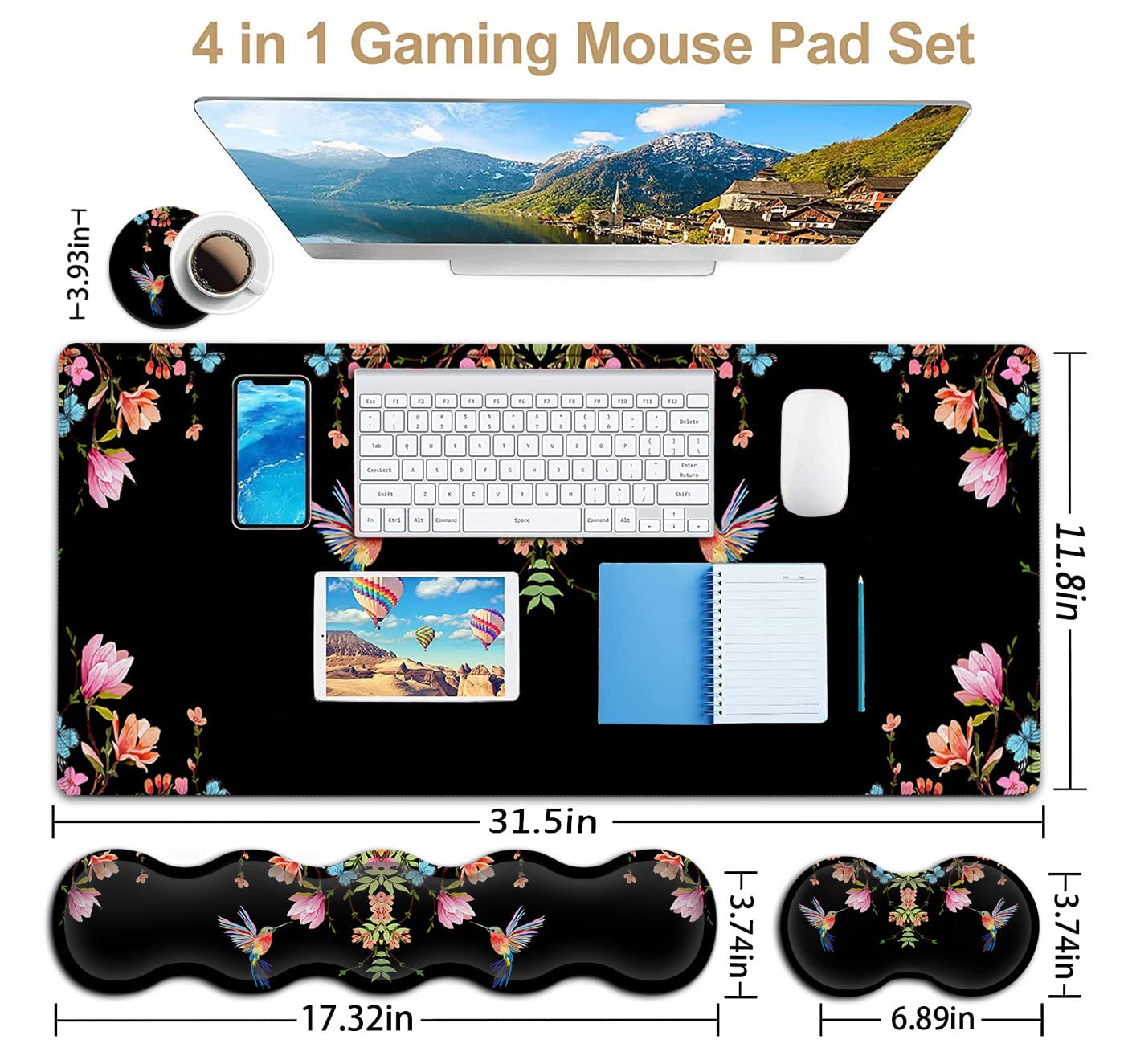 Erweitertes schwarzes Gaming-Mauspad, ergonomische Memory-Schaum-Tastatur-Handgelenkauflage und rutschfeste Maus-Handgelenkauflage für Laptop, Schreibtisch, Schreibblock, Kolibri, Aquarell-Blume,