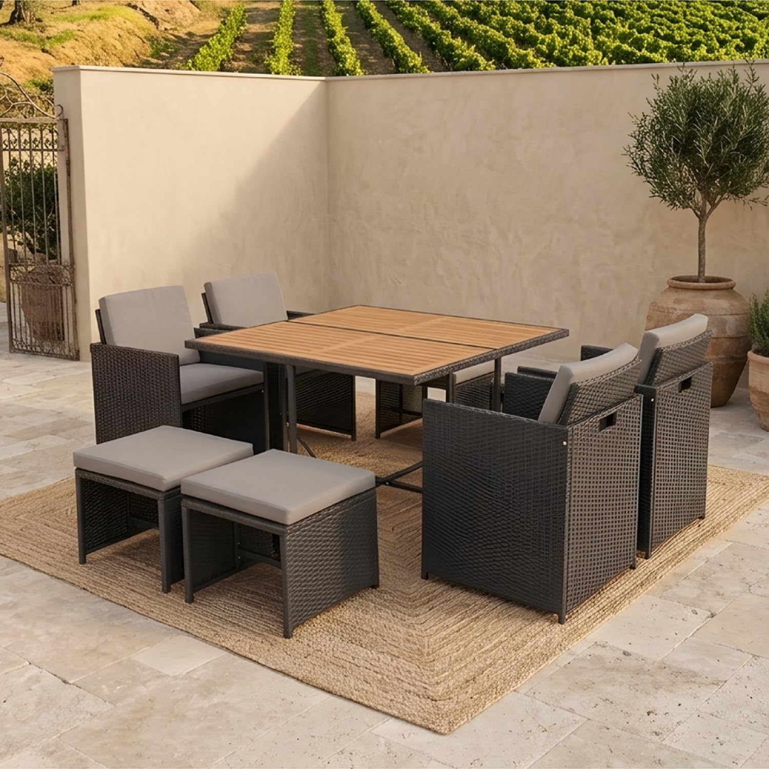 CONCEPT USINE Salon de Jardin Encastrable Toledo 8 Places Noir et Gris