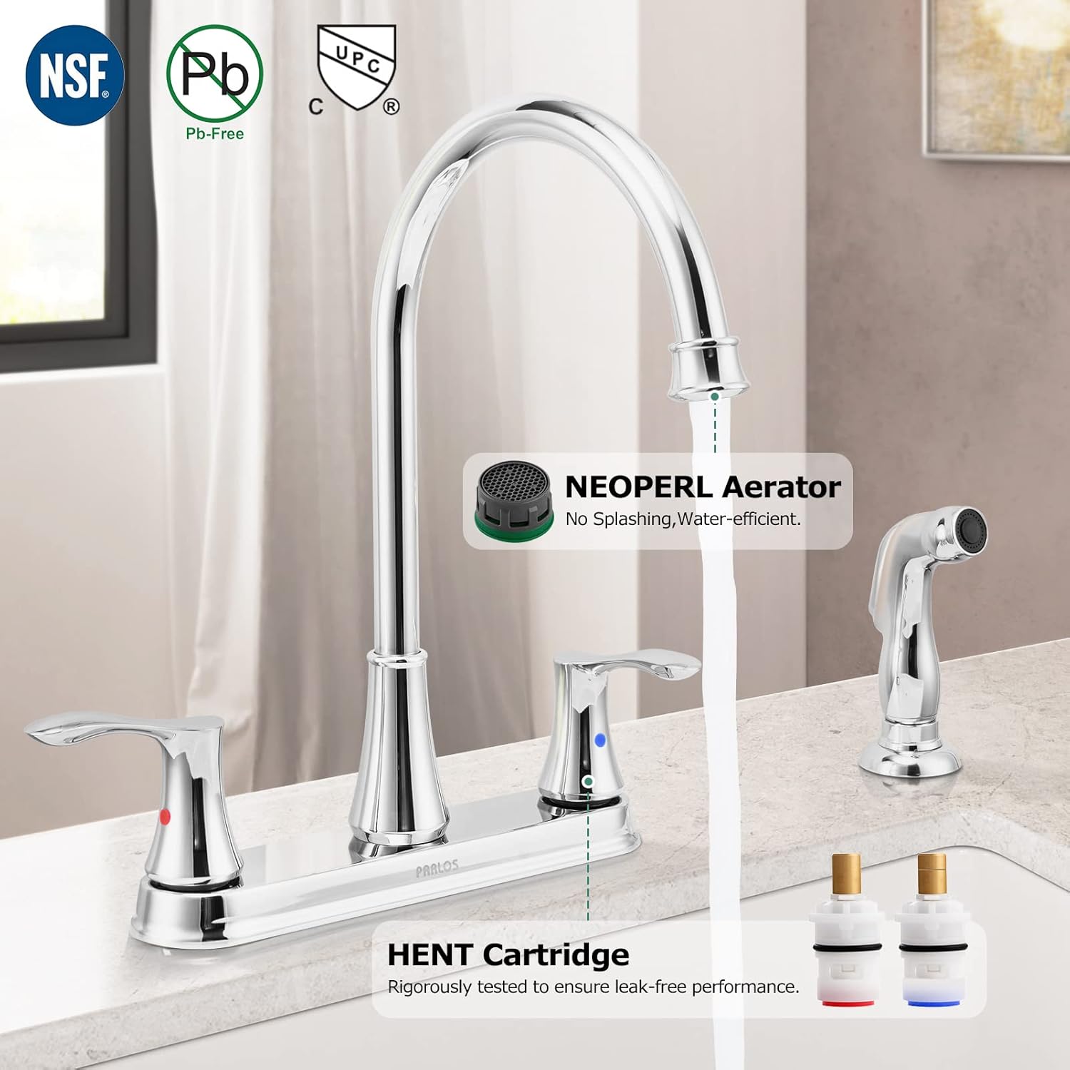 PARLOS 8 Inch Kitchen Faucet with Side Sprayer, 2 Handles High Arch Kitchen Sink Faucet with Supply Lines, 4-Hole Installation, Chrome, Demeter 1413801