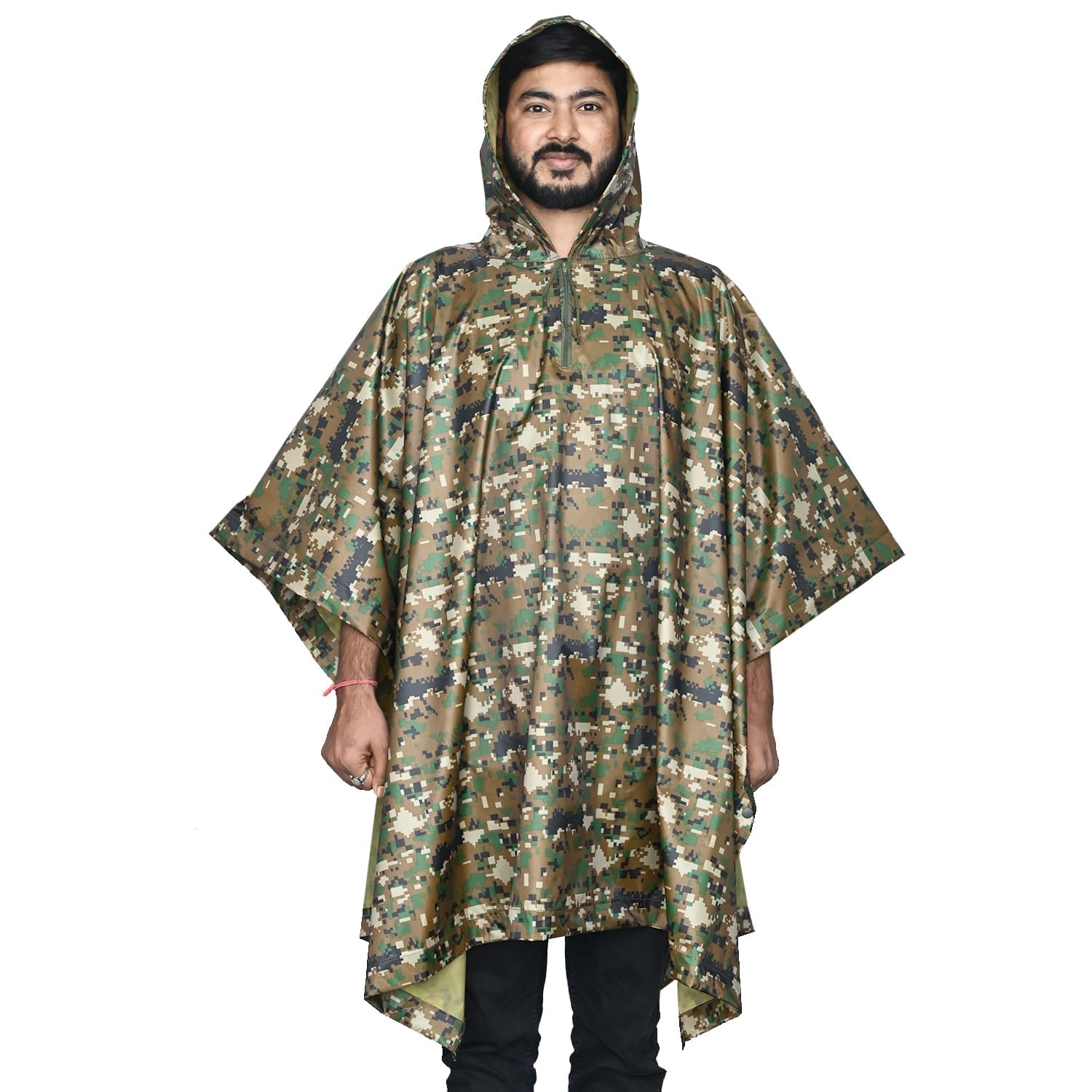 Amazon Brand - Symactive Hooded Raincoat Foldable Polyester Poncho Water Resistant Rainwear Outdoor Camping Heavy Duty Military Suit for Men Women (Pack of 1, Military Green)