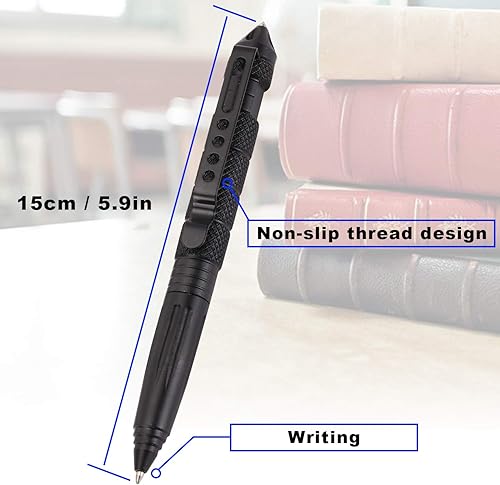 Miniatura 2 de Juego de 2 bolígrafos tácticos militares con 6 repuestos de bolígrafo negro para escribir, hechos de acero de tungsteno y aluminio (negro y plateado)