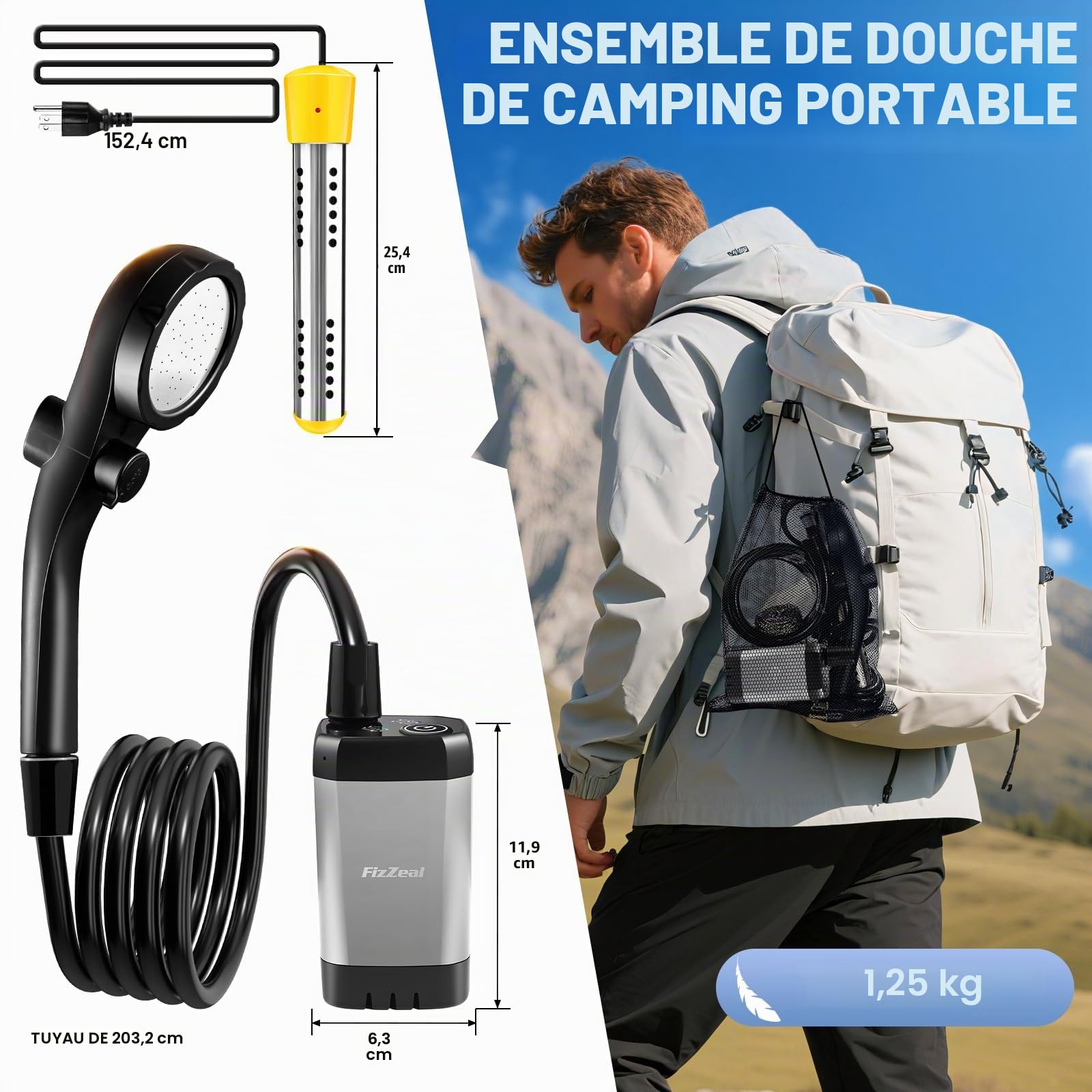 Douche portable avec chauffage, douche portable pour camping avec chauffage automatique de 2000 W, 4 modes de pulvérisation, durée de 140 minutes, affichage LED, pompe de douche portable, douche