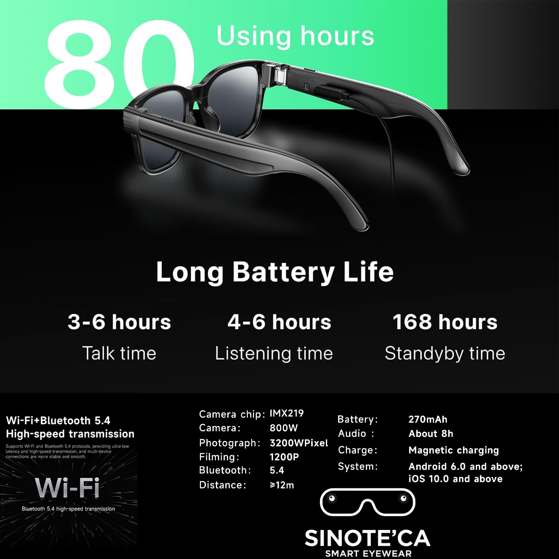 AI Smart Glasses con Telecamera 8MP, Occhiali Intelligenti Bluetooth da Uomo, Occhiali da Sole con Videocamera Integrata, Traduzione in Tempo Reale, Musica Open-Ear, Microfono Dual Noise Reduction