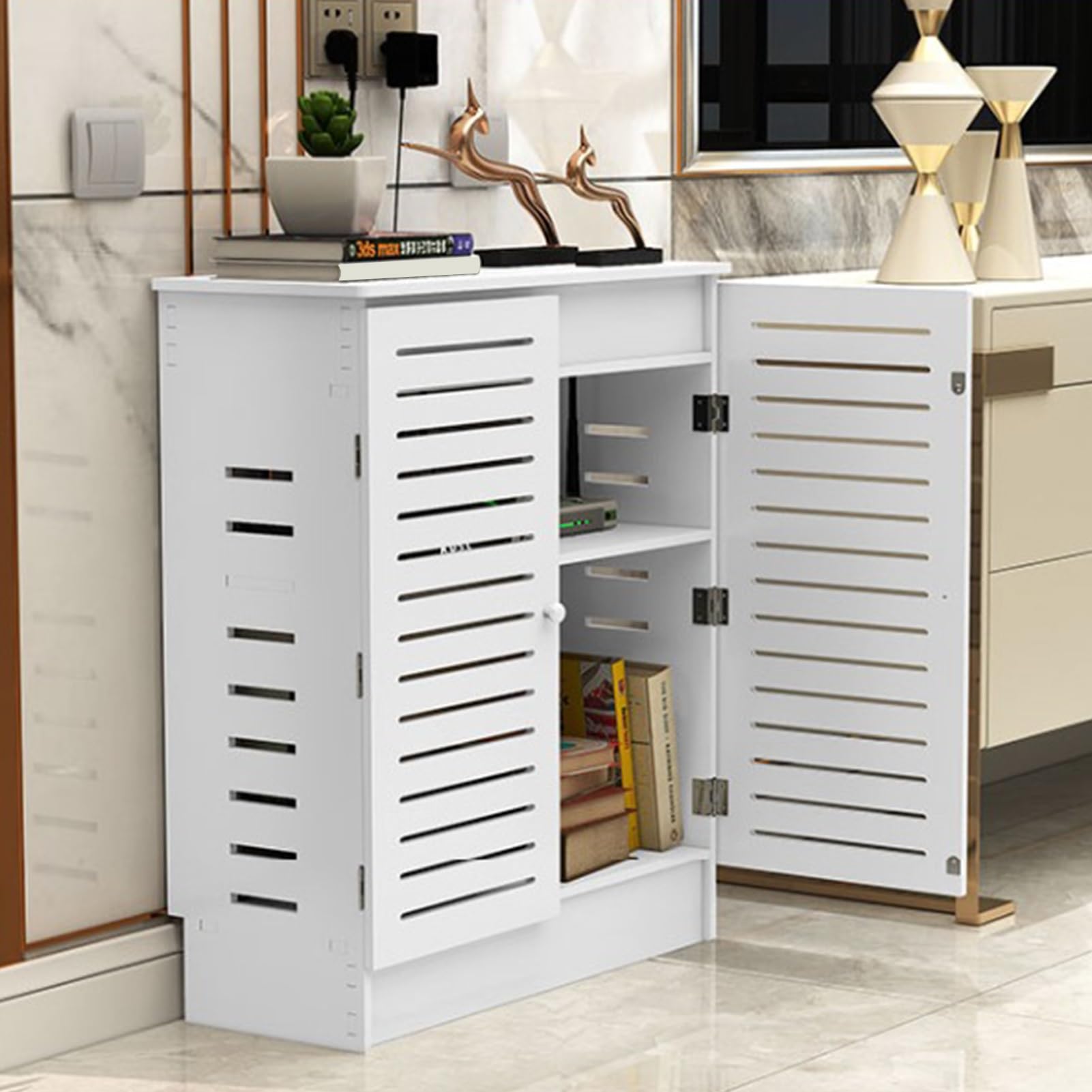 WLAN-Router-aufbewahrungsschrank, Freistehender Schrank-Organizer, Ausgehöhlte Seiten, Unsichtbare Aufbewahrung, für Wohnzimmer, Büro, Schlafzimmer(70x80x25cm/27.6x31.5x9.8in)