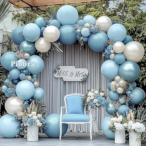 Miniatura 7 de Guirnalda de globos azul polvoriento, doble relleno, color azul pastel, blanco, arena, perla, kit de arco de globos para baby shower, cumpleaños,