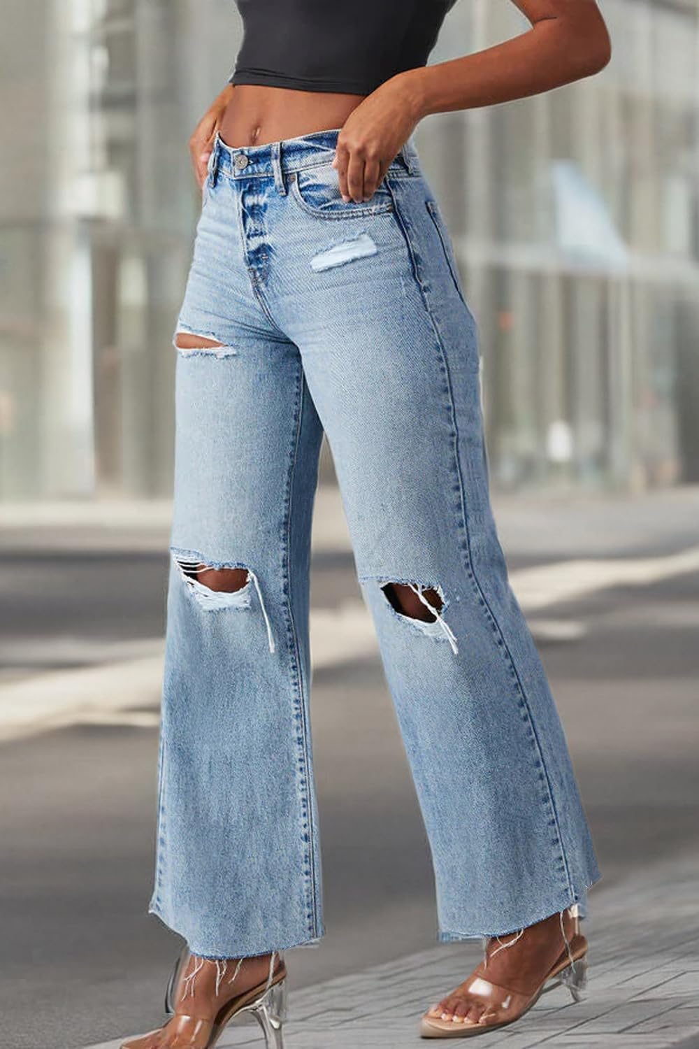 Allimy Jeans da donna a vita alta, gamba dritta, gamba larga, strappati, orlo sfilacciato, pantaloni in denim Capri elasticizzati