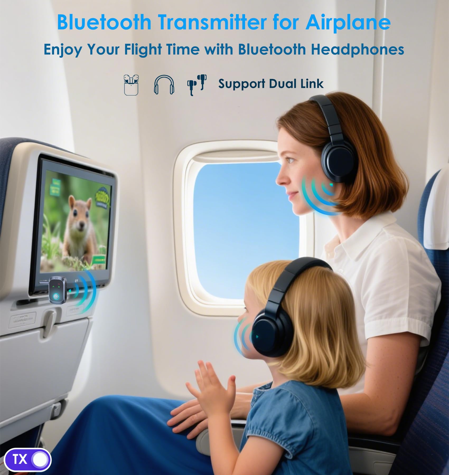 Airplane Bluetooth Adapter for 2 AirPods Headphones or BT Devices, Bluetooth Transmitter for TV Dual Link Low Latency, Wireless AUX Adapter Receiver for Speakers/Car Stereo, KAIY Transmitter Receiver