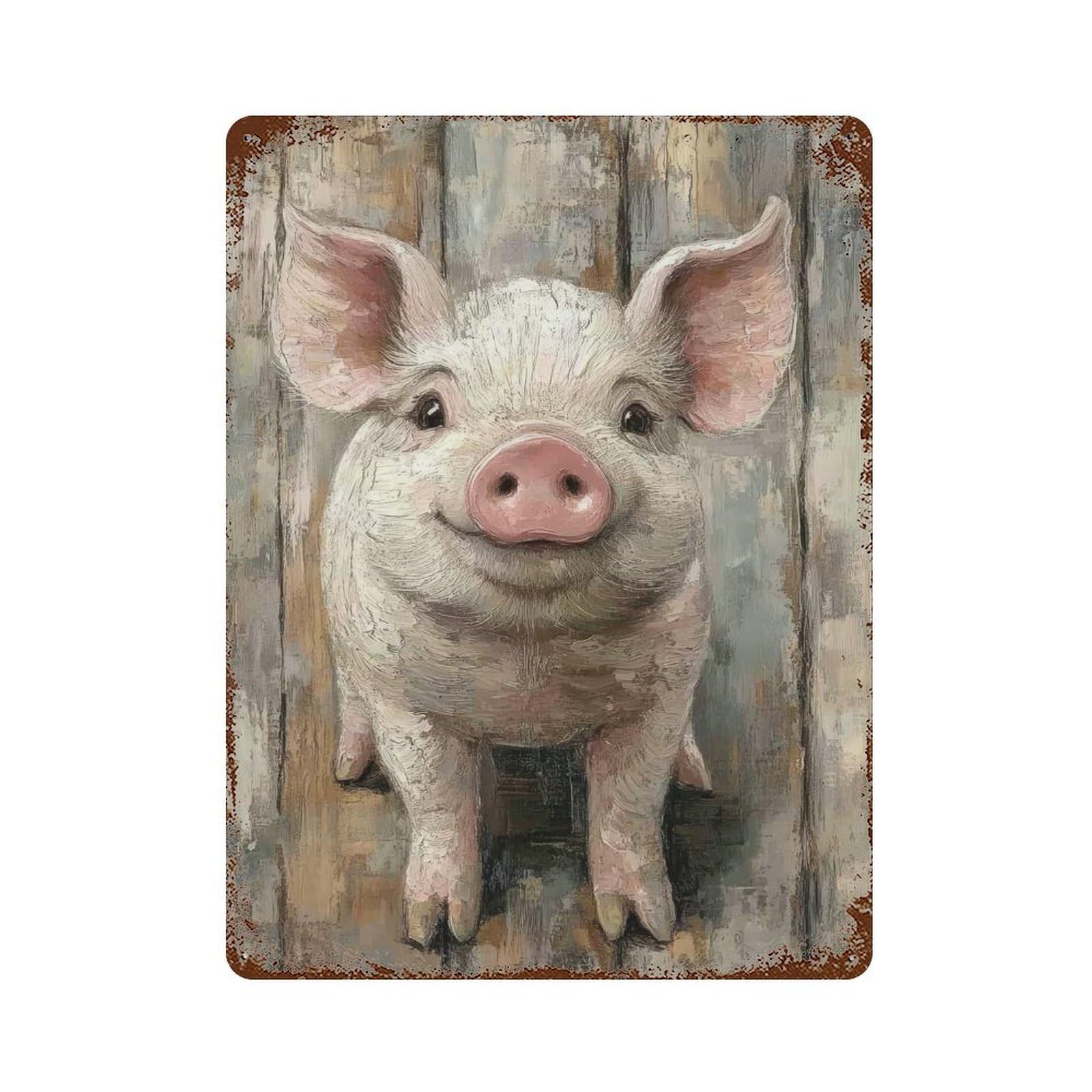 Garage Style Smiling Pig Portrait Minimal Farm Animal Wall Art Distressed Metal Wall Sign 15.7"x11.8", Novelty Wall Decor for Bar And Workshop