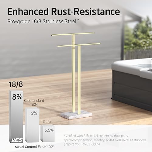 Miniatura 6 de KES Toallero de pie con base de mármol, toallero de 2 niveles para suelo de baño, diseño estable mejorado, toallero en forma de T, dorado, acero