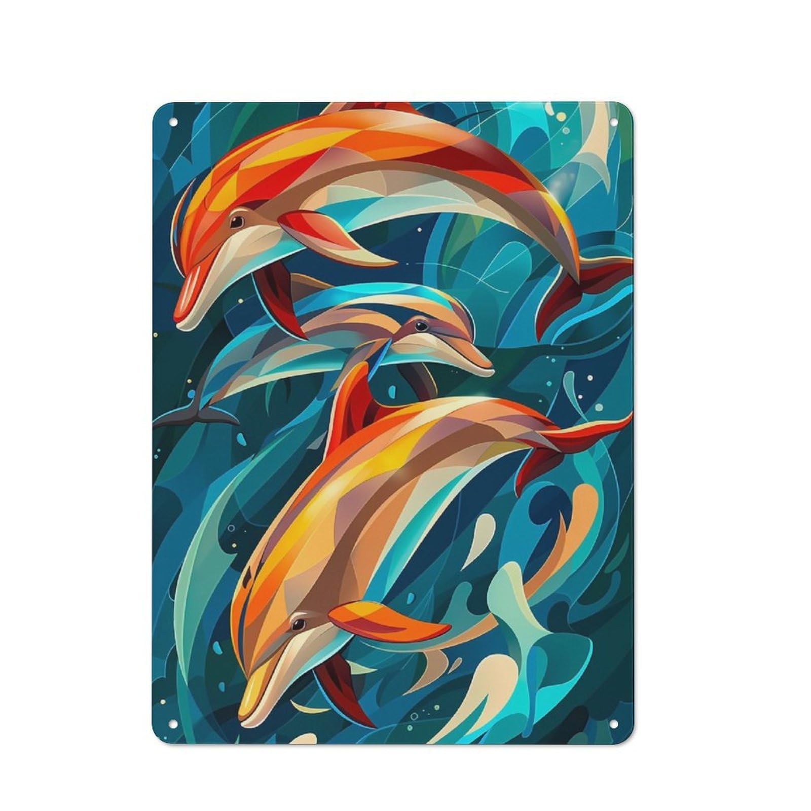 Colorful Dolphins Swimming in Blue Water Metal Wall Plaque for Seasonal Kitchen, Dining Room Or Entrance, Christmas Gift for Friends And Family, 40x30cm