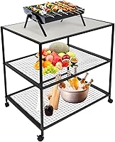 Vista 9 de Mesa móvil de tres estantes, carrito de parrilla de acero inoxidable, soporte para horno de pizza con ruedas, mesa de carrito de trabajo móvil
