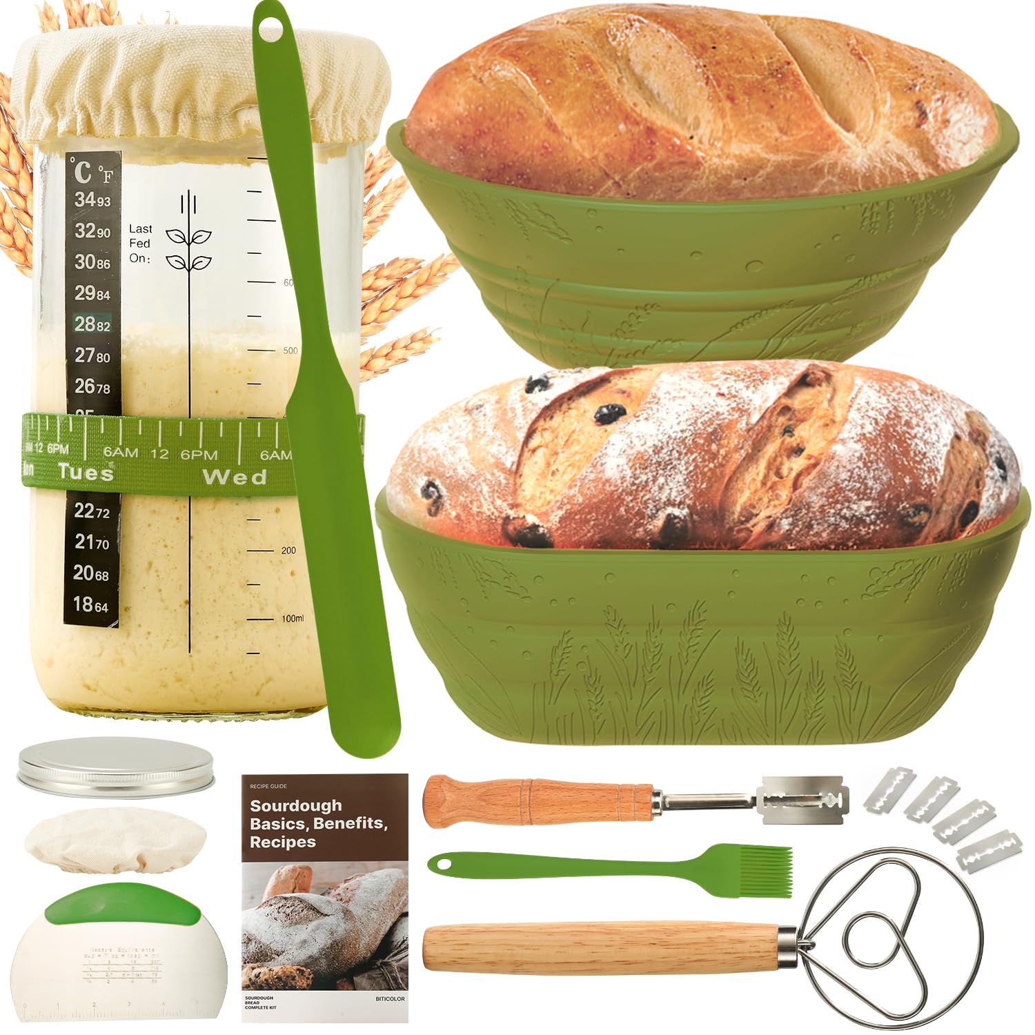 Kit per principianti tutto in uno, 18 pezzi, con lievito naturale di alta qualità, cestino per lievitazione pane Banneton rotondo da 22,9 cm in rattan fatto a mano, barattolo per pasta madre da 623,7 Kit per principianti tutto in uno, 18 pezzi, con lievito naturale di alta qualità, cestino per lievitazione pane Banneton rotondo da 22,9 cm in rattan fatto a mano, barattolo per pasta madre da 623,7