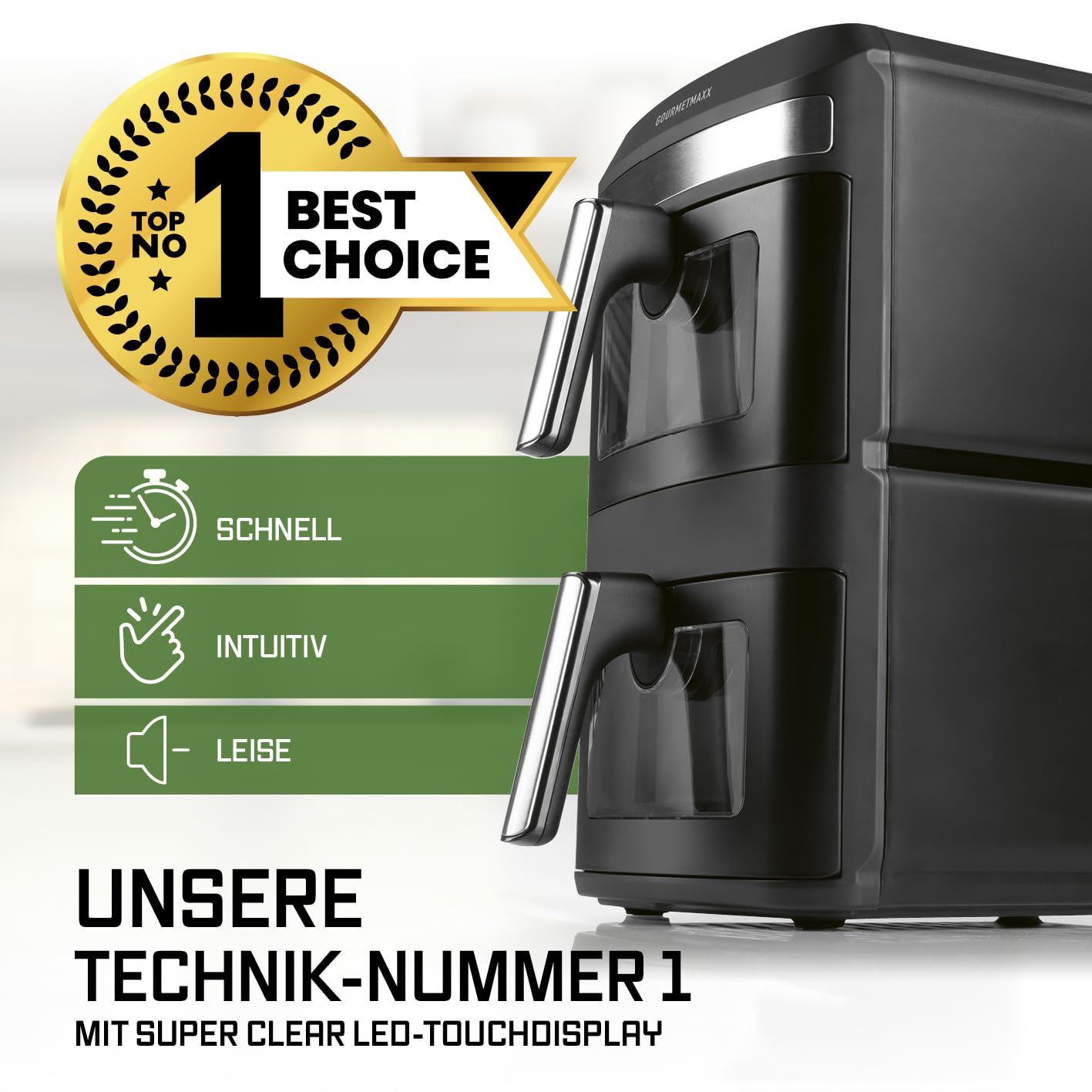 GOURMETmaxx FryUp XL vertikale Doppelkammer Heißluftfritteuse mit Sichtfenster - 12 L | Airfryer mit 9,6 Zoll Multi-Colour LED-Touchdisplay & 12 Programmen | Heißluftfritteuse 2 Kammern mit Oberhitze