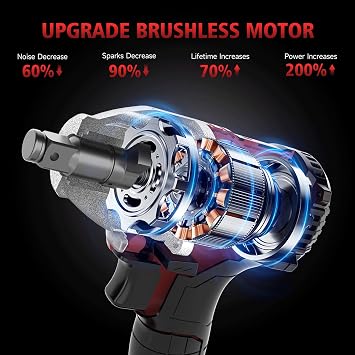 AUTOGEN Cordless impact Wrench. 443ft-lbs (600n.m) 1/2' brushless impact Wrench. 2100 rpm High Torque Impact Gun, 2 x 4.0 batteries, 6 sockets. 3 in 1 home tool, outdoor, DIY electric impact gun