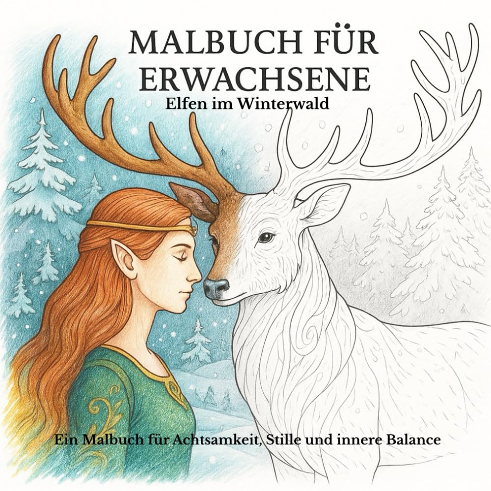 Ein Malbuch für Erwachsene zur Achtsamkeit und Kreativität: Winterwald der Elfen & Hirsche / Einseitig bedruckt