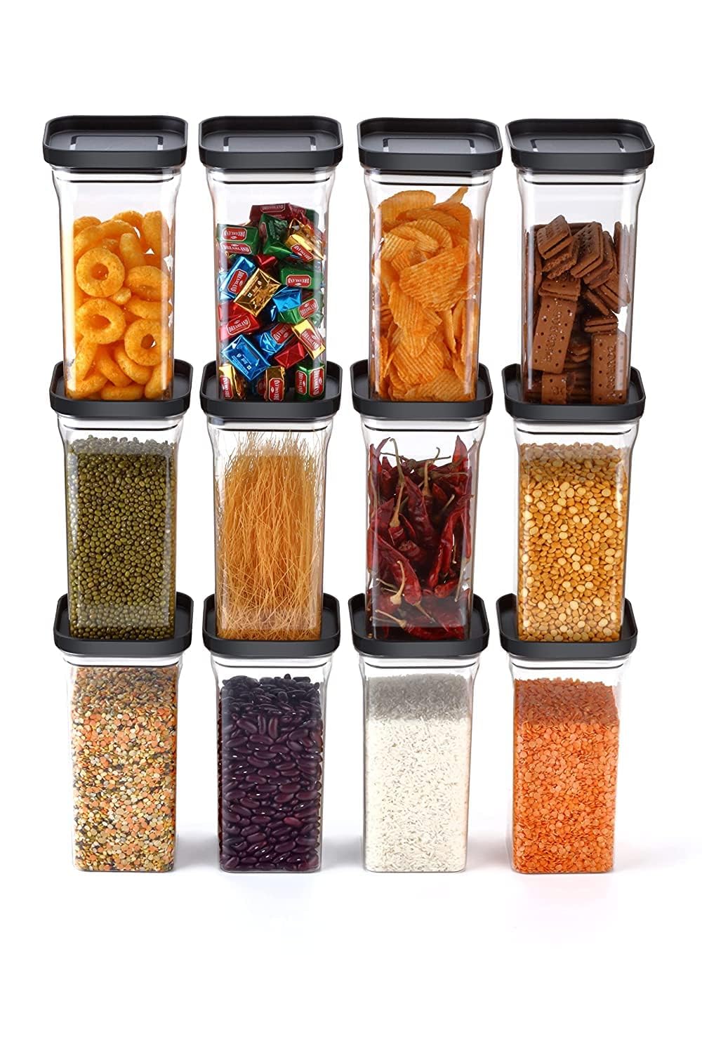 Juego de recipientes herméticos cuadrados de 1100 ml para cocina, organización de despensa, sin BPA, aptos para lavavajillas (negro, 6)