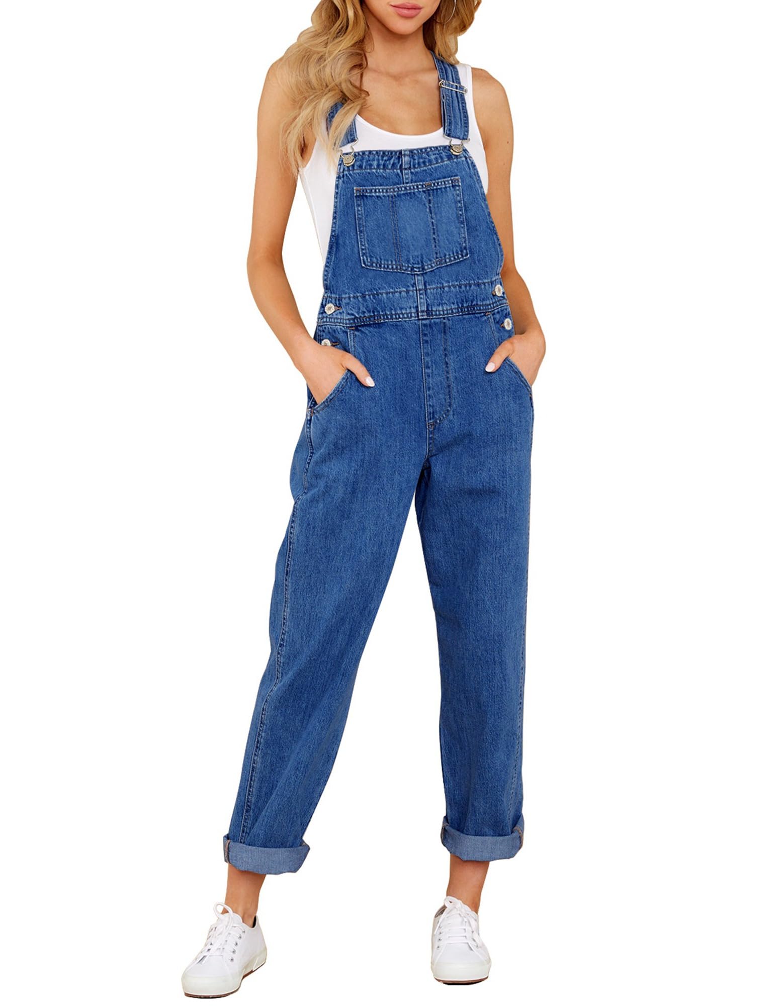 Roskiky - Salopette casual da donna in denim elasticizzato, con tasche