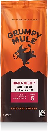 Grumpy Mule High and Mighty Espresso Blend Whole Coffee Beans with notes of Cocoa and Roast Hazelnut 500g