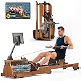 Water Rowing Machine for Home Use, WENOKER Wooden Foldable Rower Machine with Dedicated Monitor & Bluetooth APP, Large Water Tank & Comfortable Seat for Immersive Water Rower, 350LBS Weight Capacity