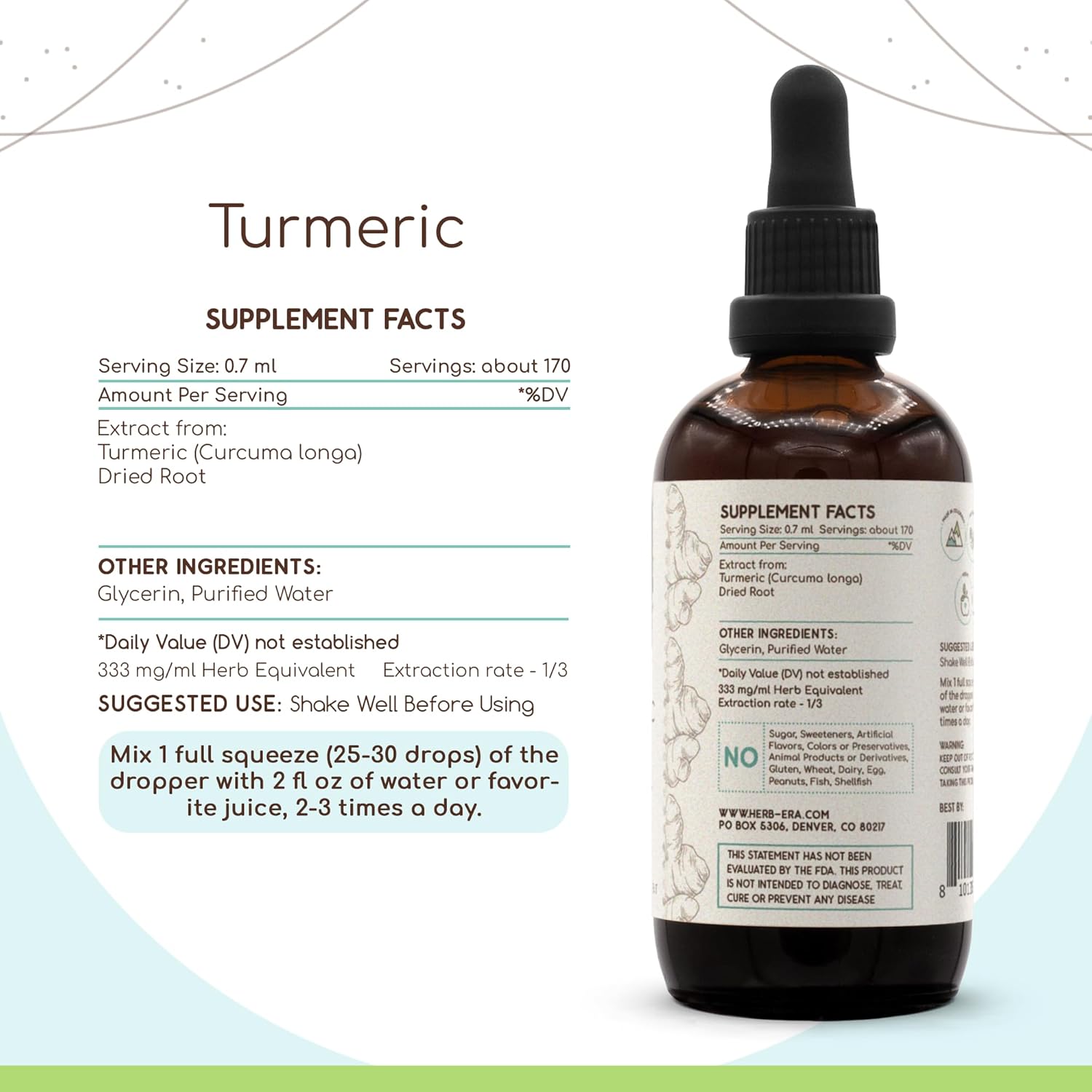 Turmeric B120 Alcohol-Free Herbal Extract Tincture, Concentrated Liquid Drops Natural Turmeric (Curcuma Longa) Dried Root (4 fl oz)