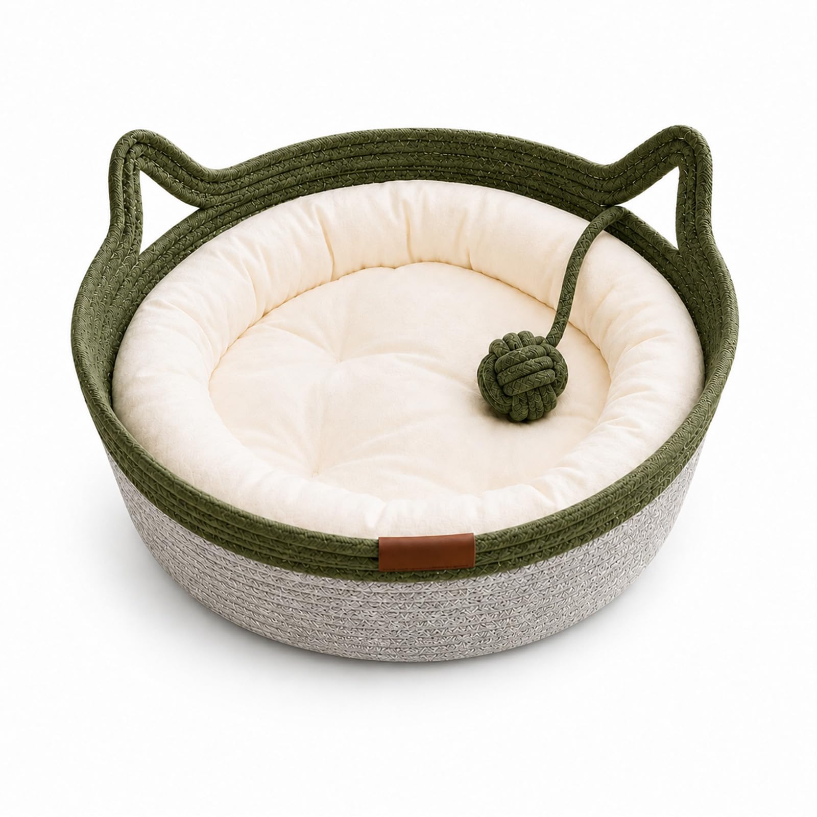 Handwoven Cotton Rope Cat Instinct Basket, Interactive Scratch Bed with Attached Toy Tail, Breathable All Season Nest for Small Medium Large Cats & Dogs，Green1：L