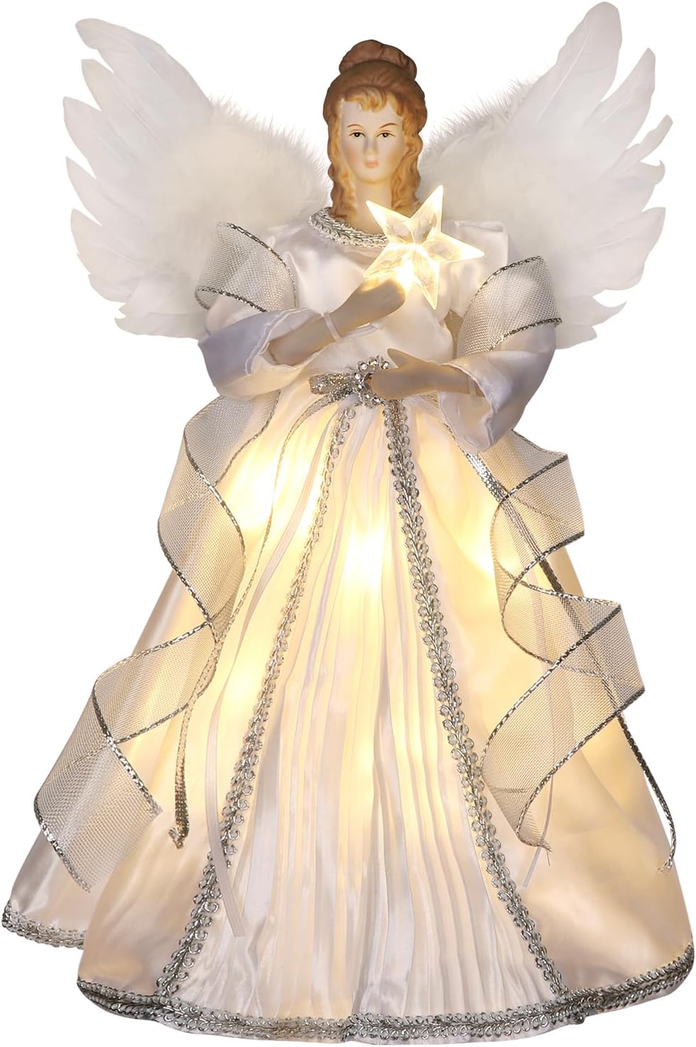 HMASYO Christmas Tree Topper Angel with Timer Lights, 12" Lighted Christmas Angel Tree Topper with White Feather Wings and Star Light, Tree Angel Topper Christmas Tree Top Decorations Xmas Gift
