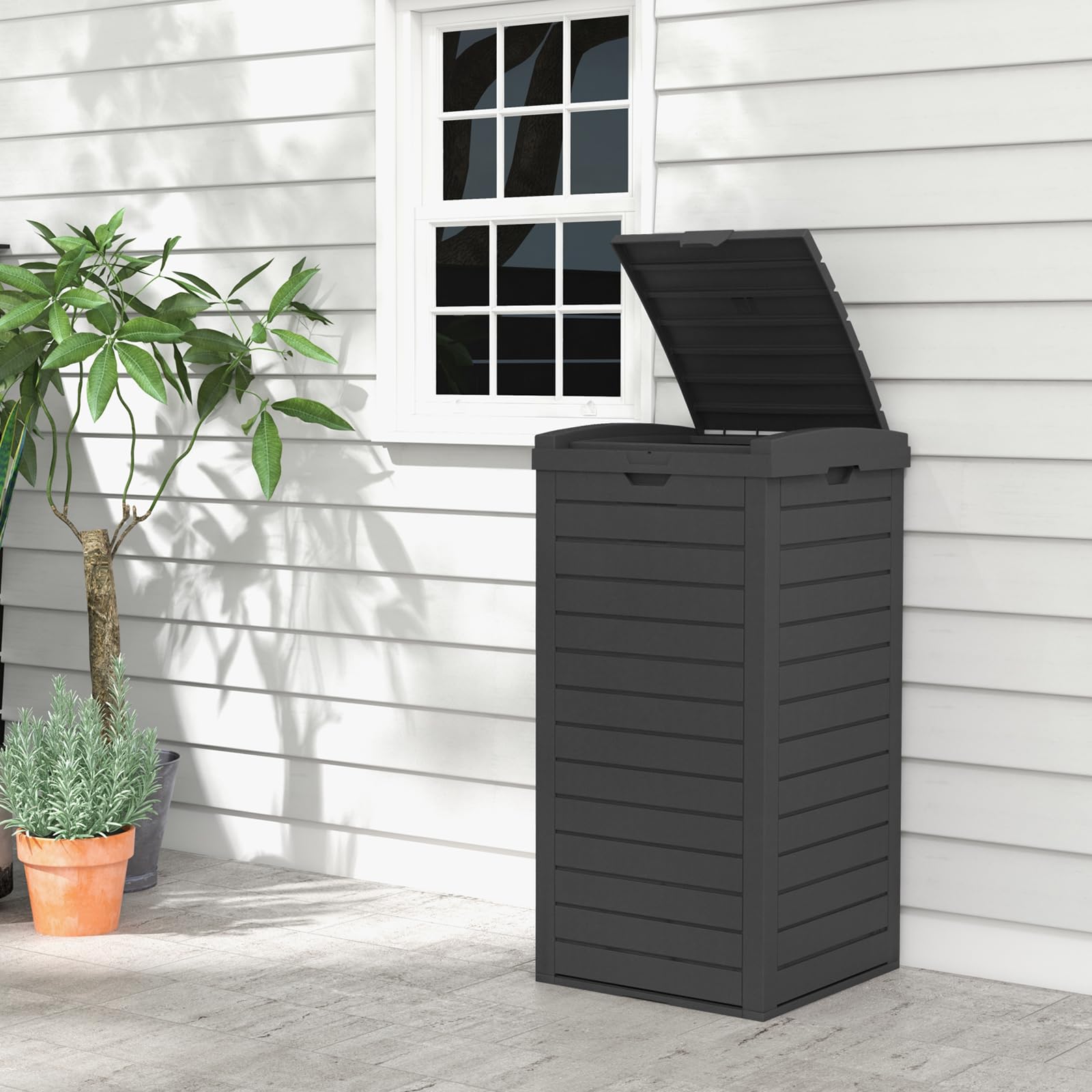 LIFEZEAL Poubelle d'Extérieur 118L, Poubelle de Jardin avec Couvercle, Poubelle Deco Rectangle avec Bac de Récupération, 40 x 40 x 86 cm (1, Noir)