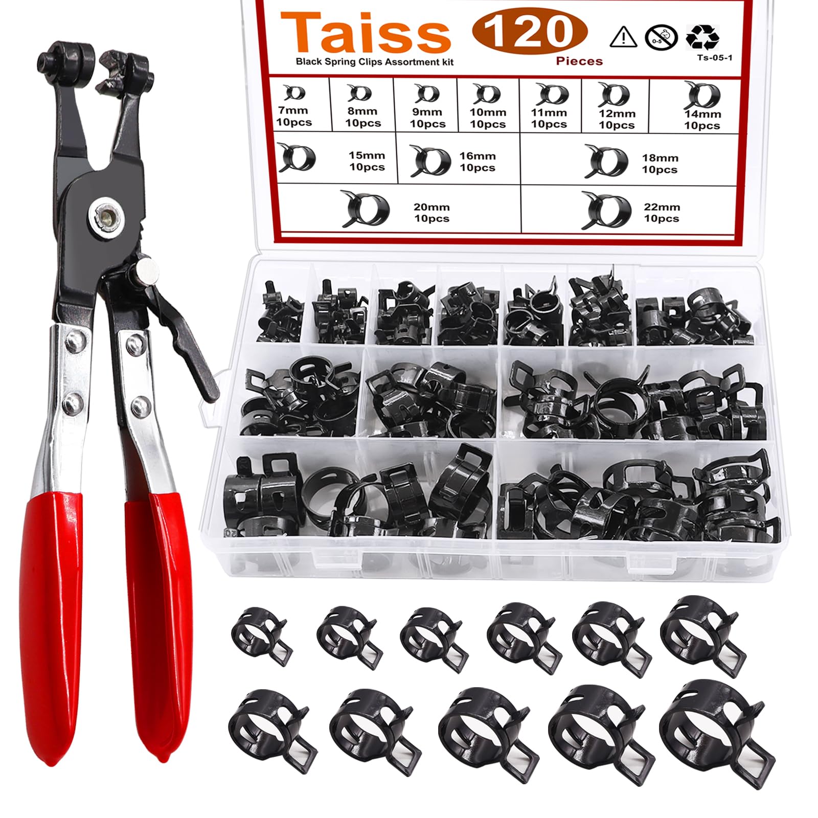 Taiss 120PCS 7-22mm Black Spring Band Hose Clamps with Swivel Flat Hose Clamp Plier Assortment Kits.Low Pressure Air Clip Strap Clamp for Hose Fuel Silicone Vacuum Hose Clamp
