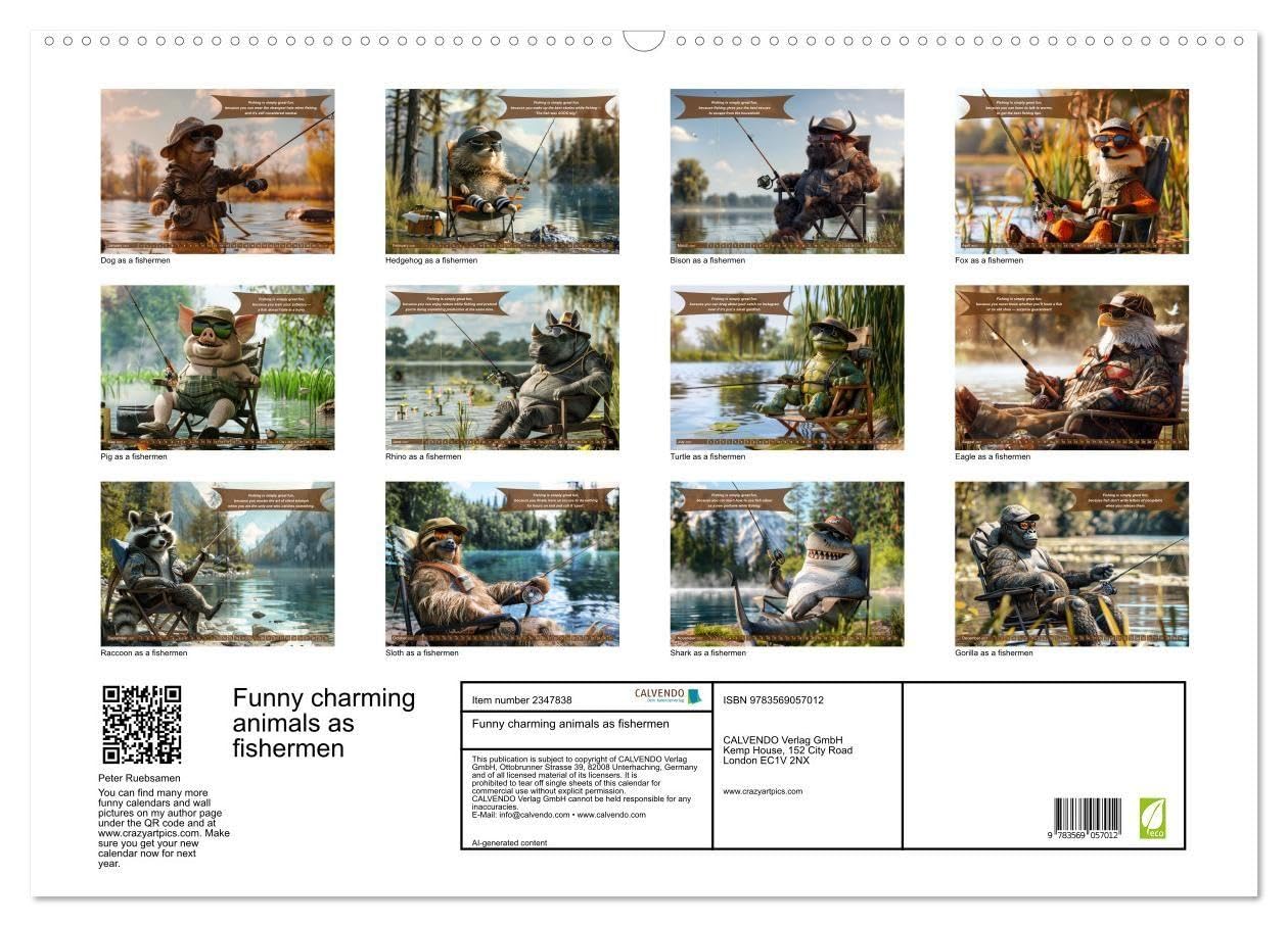 Funny charming animals as fishermen (Wall Calendar 2027 DIN A2 landscape), CALVENDO 12 Month Wall Calendar: Funny animals sit in fishing outfits at a lake fishing, accompanied by humorous sayings