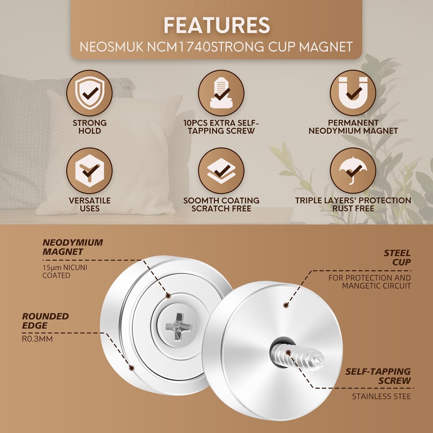 Neosmuk Magnets with Screws,22lbs+ Heavy Duty Rare Earth Neodymium Mounting Magnets with Holes, Countersunk Round Disc Industrial Magnets for Wall Mounting, 10 Pack