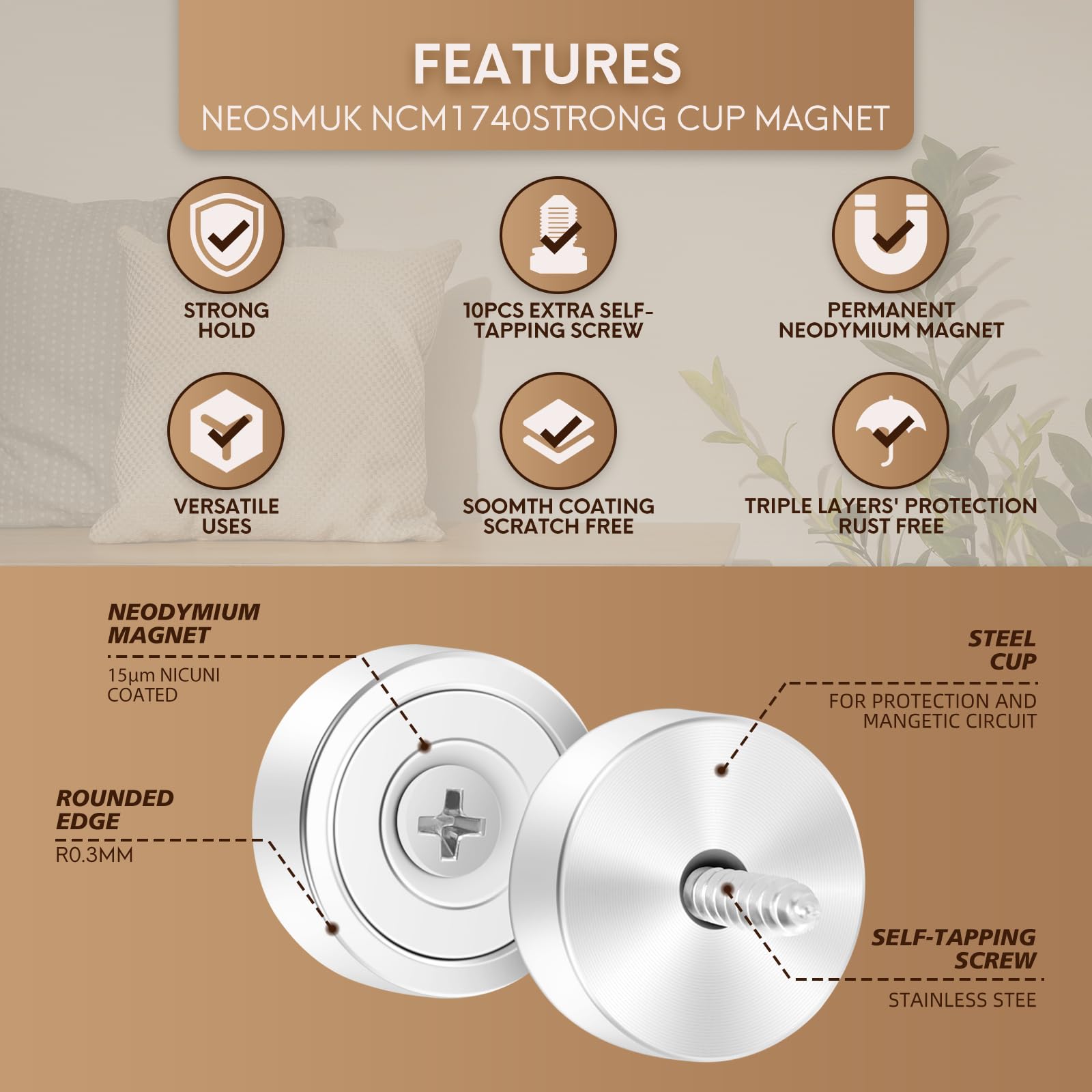 Neosmuk Magnets with Screws,22lbs+ Heavy Duty Rare Earth Neodymium Mounting Magnets with Holes, Countersunk Round Disc Industrial Magnets for Wall Mounting, 10 Pack — Amazon image 5